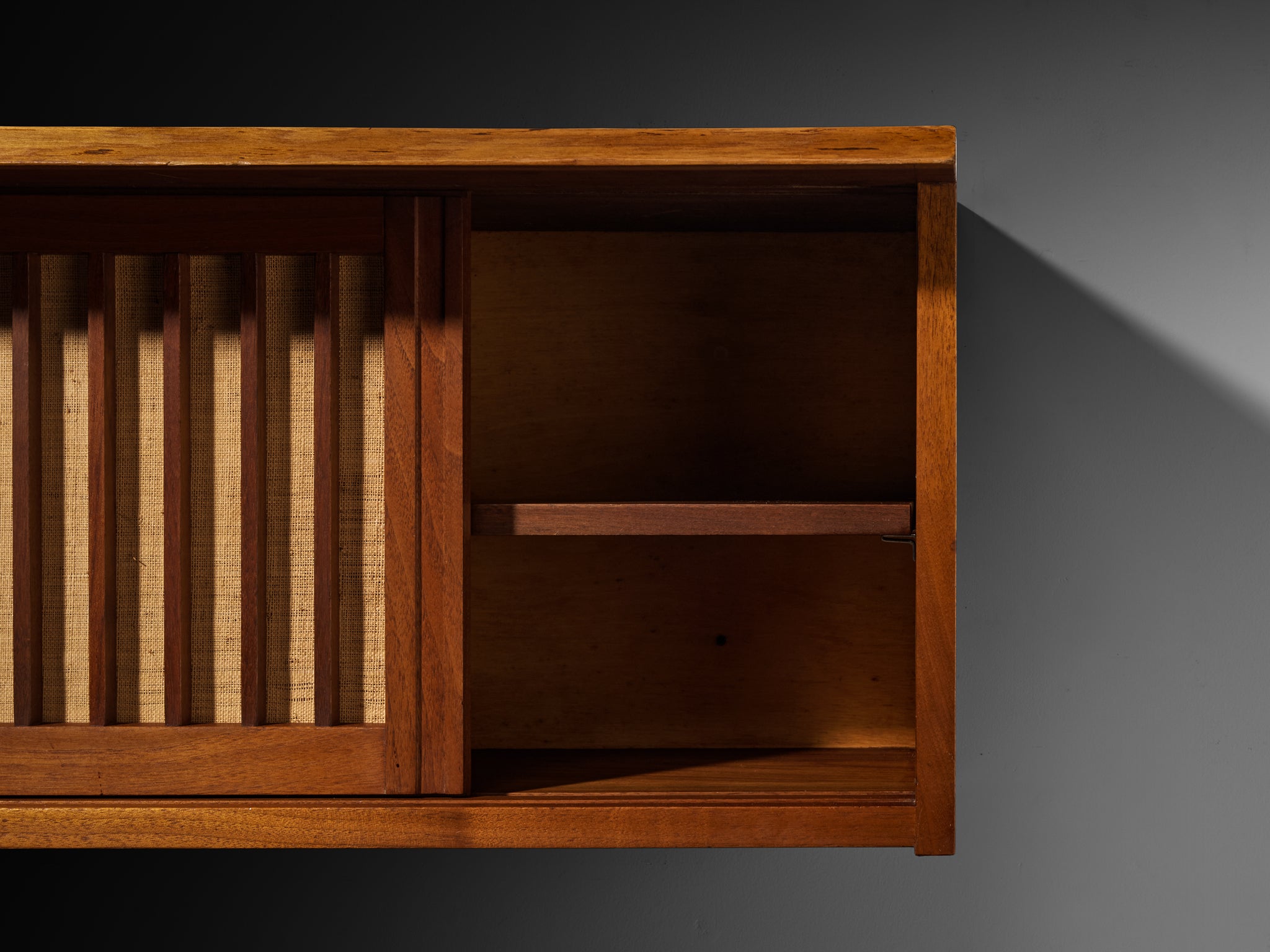 George Nakashima Wall-Mounted Sideboard in Walnut and Pandanus Cloth Case pieces and storage cabinets Morentz