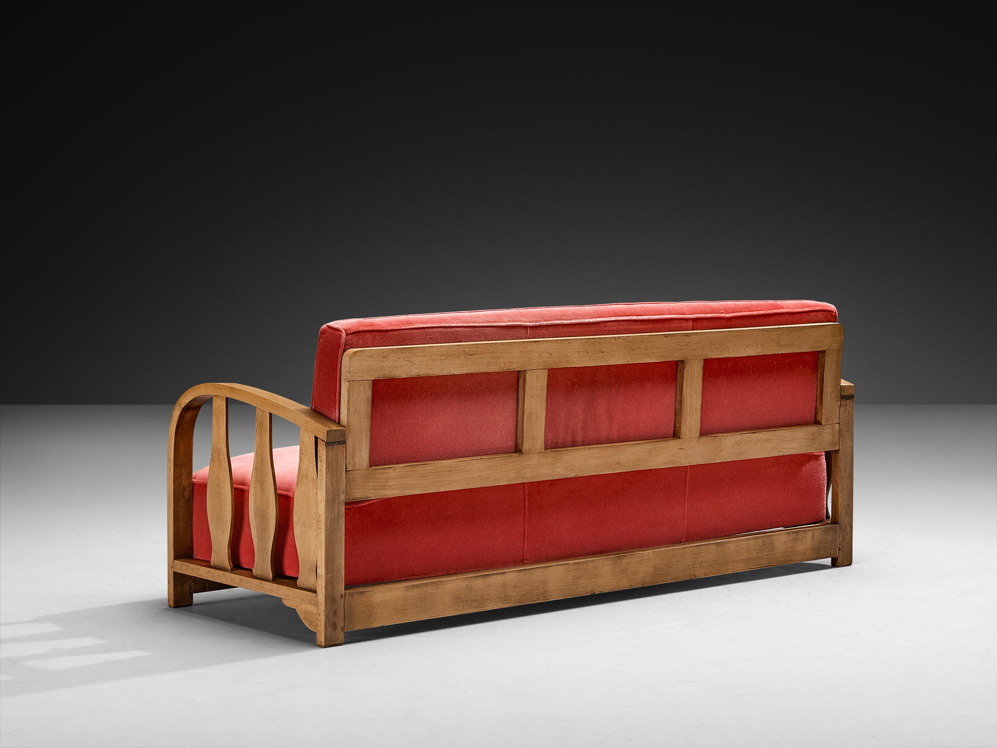 1950s Three-Seat Sofa in Pink Velvet and Carved Wood Seating Morentz
