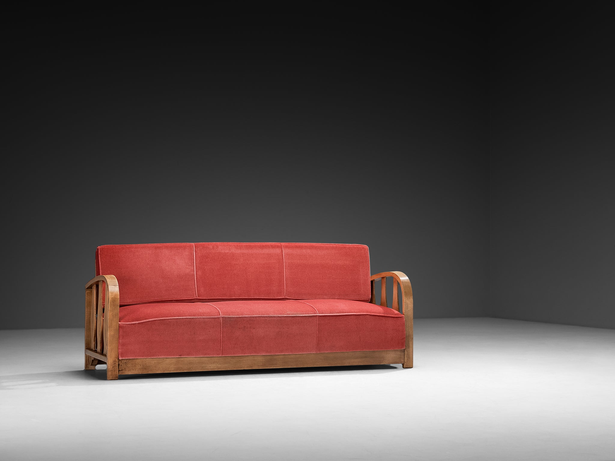 1950s Three-Seat Sofa in Pink Velvet and Carved Wood Seating Morentz
