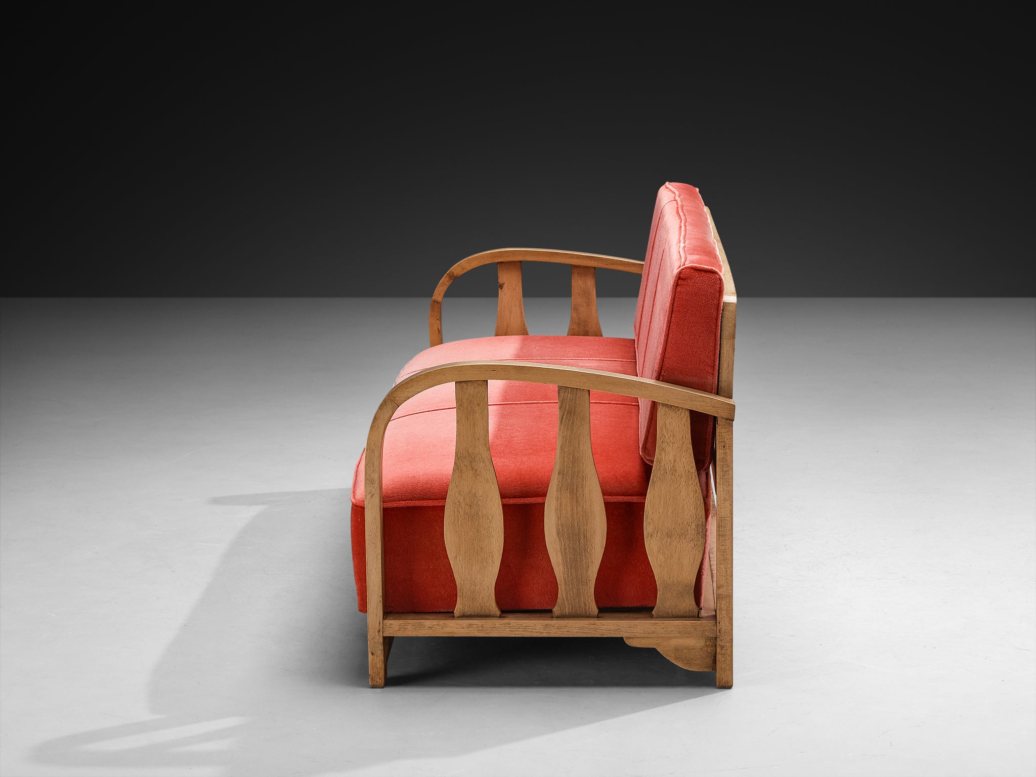 1950s Three-Seat Sofa in Pink Velvet and Carved Wood Seating Morentz