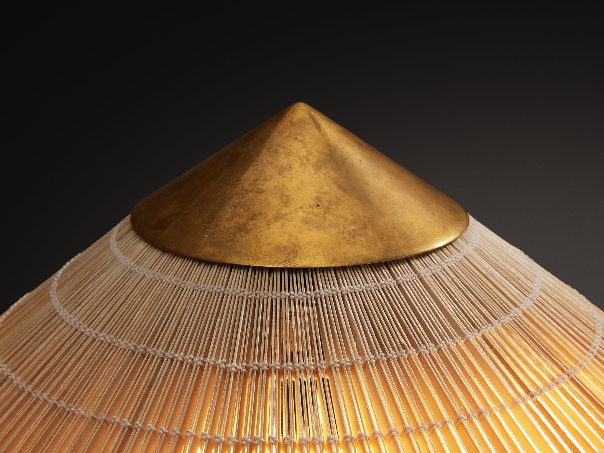 Paavo Tynell for Taito Oy '9602' Chinese Hat Floor Lamp in Cane and Brass Lighting Morentz