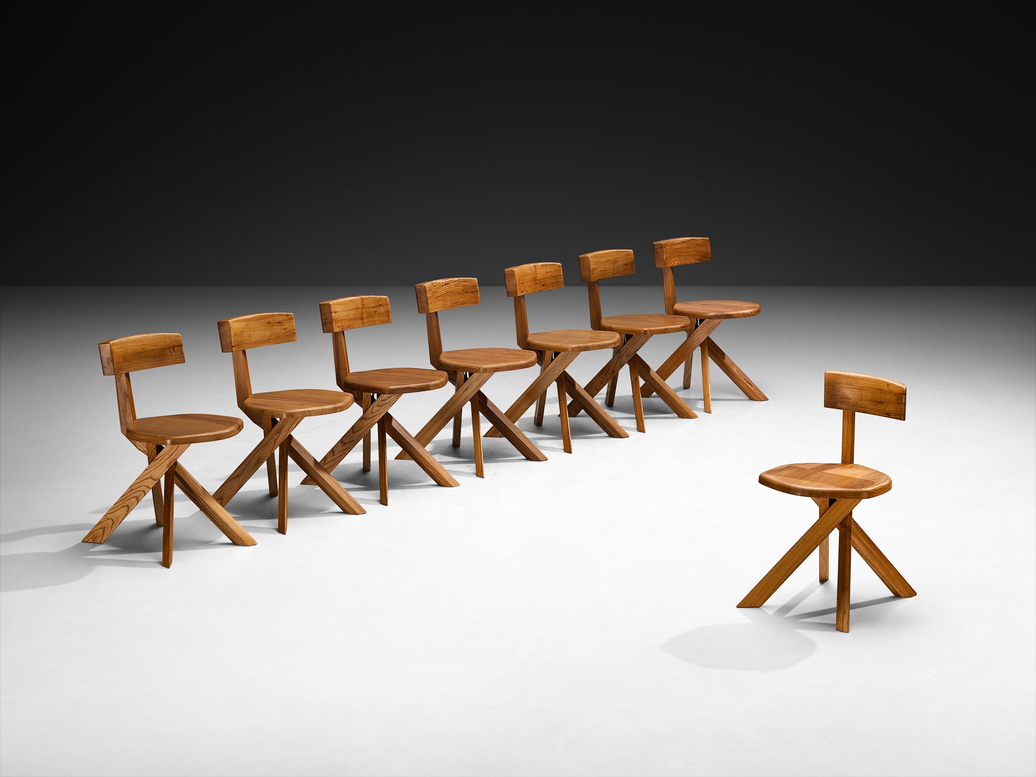 Pierre Chapo 'S34A' Set of Eight Sculptural Chairs in Solid Elm Seating Morentz