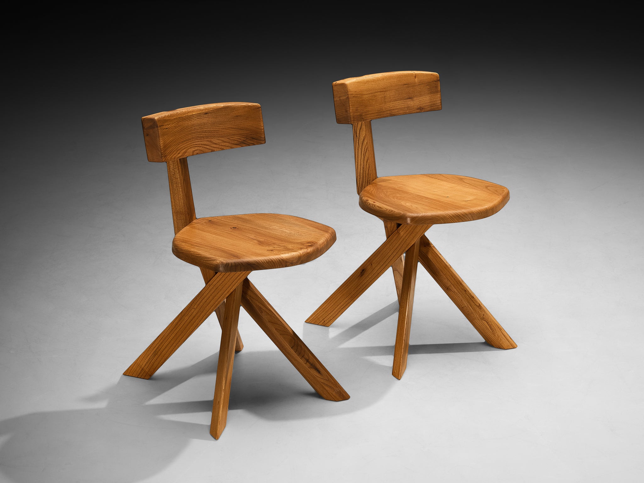 Pierre Chapo 'S34A' Set of Eight Sculptural Chairs in Solid Elm