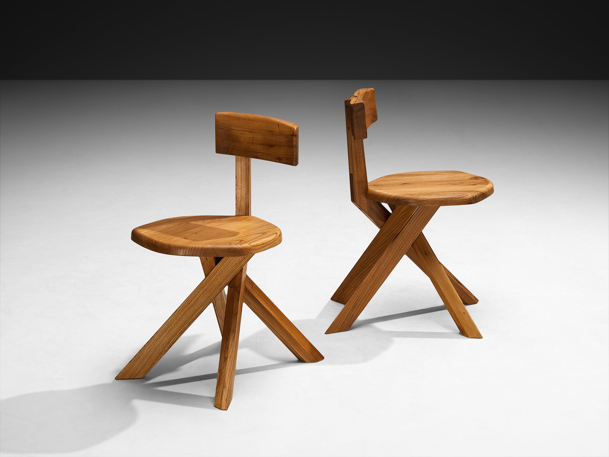 Pierre Chapo 'S34A' Set of Eight Sculptural Chairs in Solid Elm