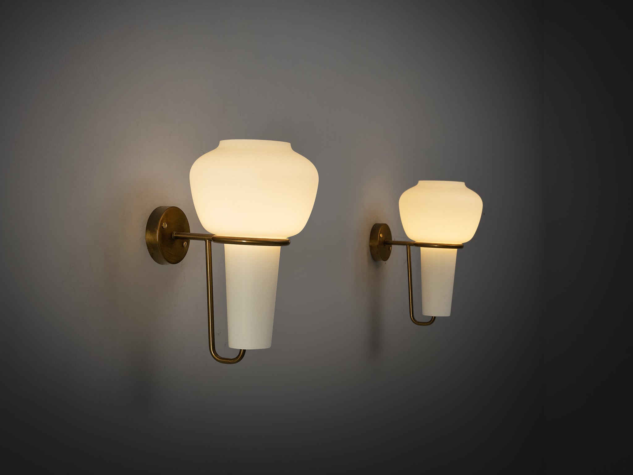 Hans-Agne Jakobsson Pair of Wall Lights in Brass and White Glass Lighting Morentz