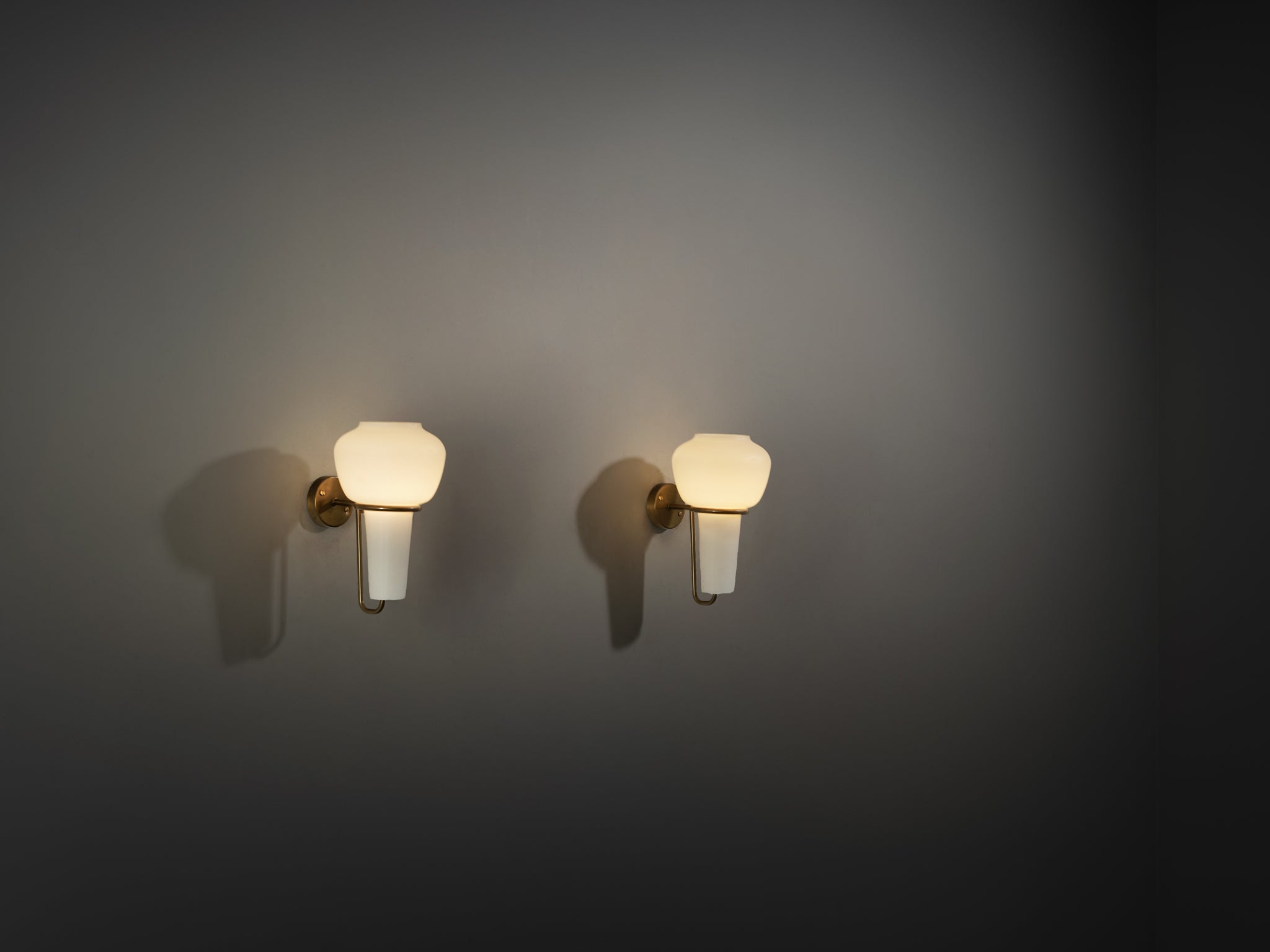 Hans-Agne Jakobsson Pair of Wall Lights in Brass and White Glass Lighting Morentz