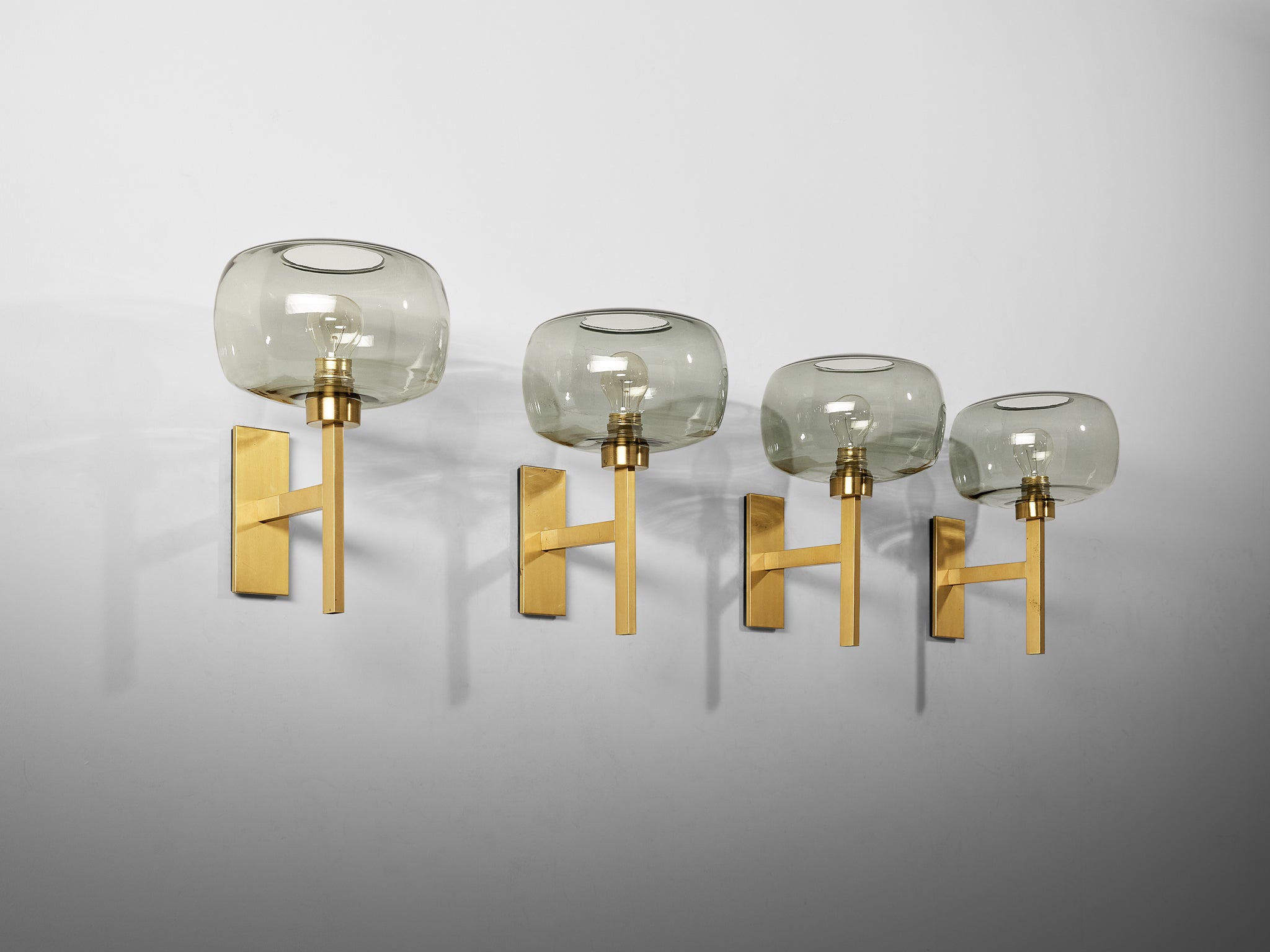 Holger Johansson for Westal Set of Four Wall Lights in Brass and Smoked Glass Lighting Morentz