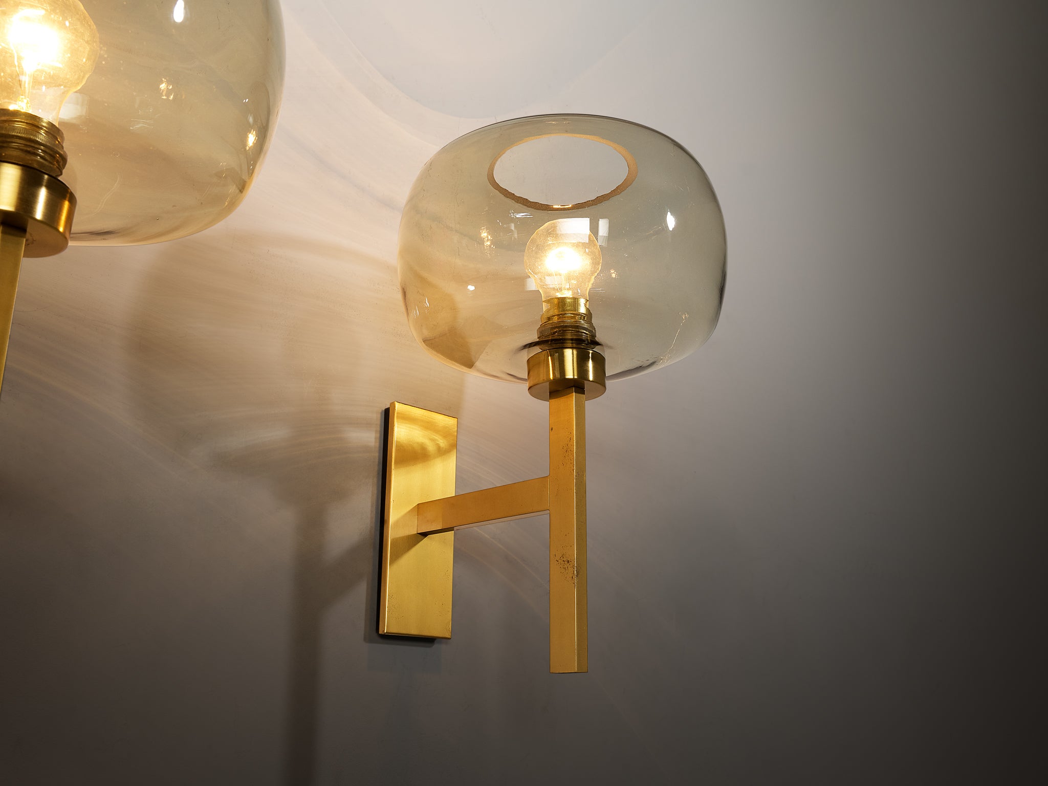 Holger Johansson for Westal Set of Four Wall Lights in Brass and Smoked Glass Lighting Morentz