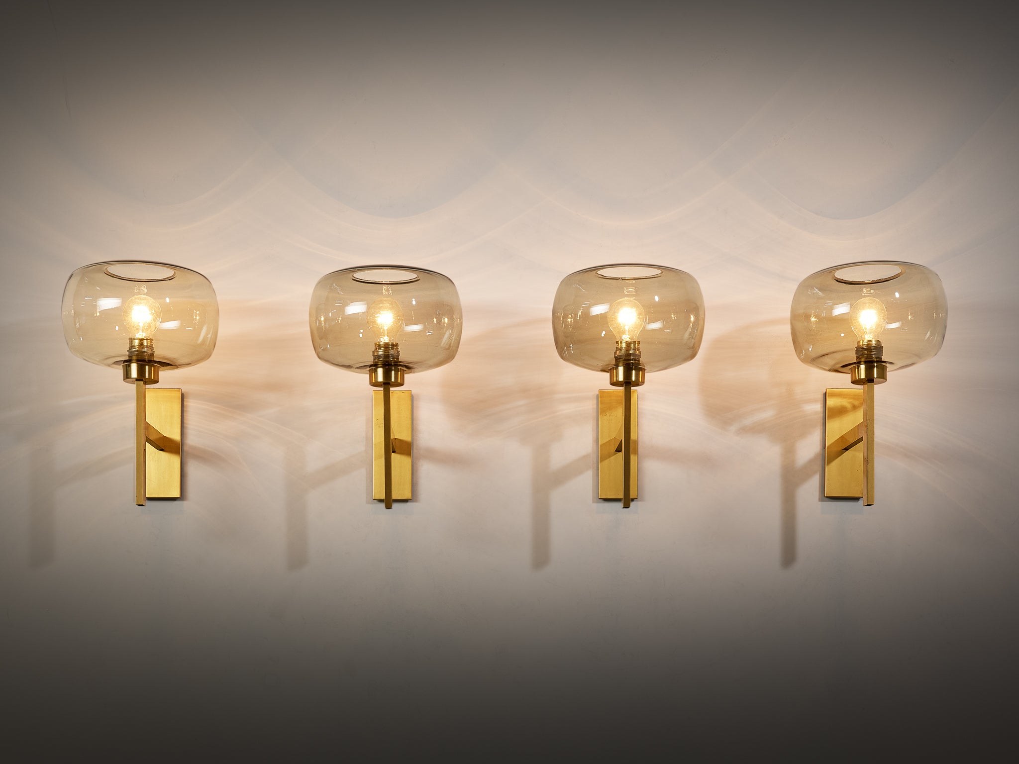 Holger Johansson for Westal Set of Four Wall Lights in Brass and Smoked Glass Lighting Morentz