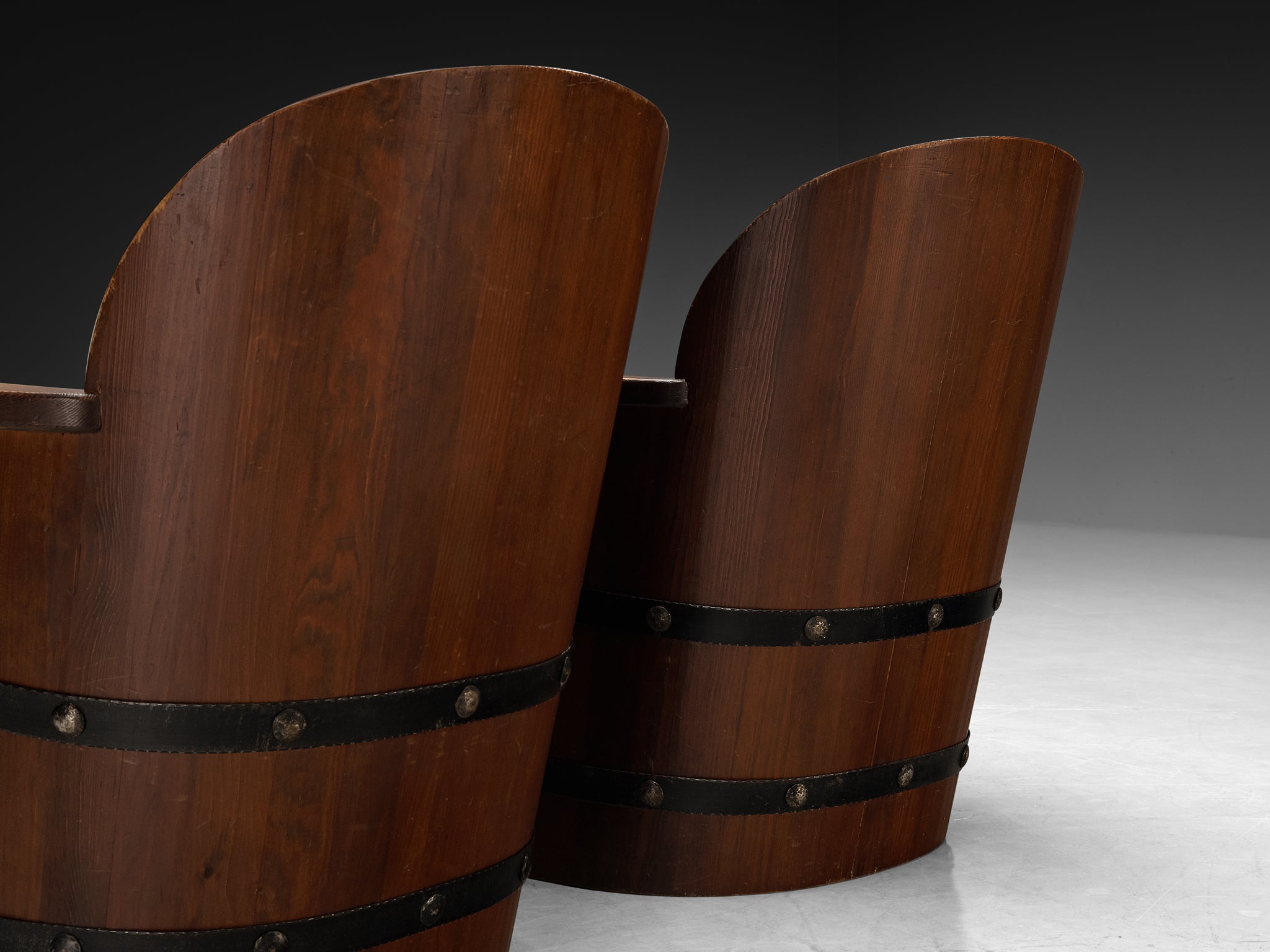 Rare Åby Möbelfabrik Pair of 'Lövåsen' Barrel Armchairs in Solid Pine and Iron Seating Morentz