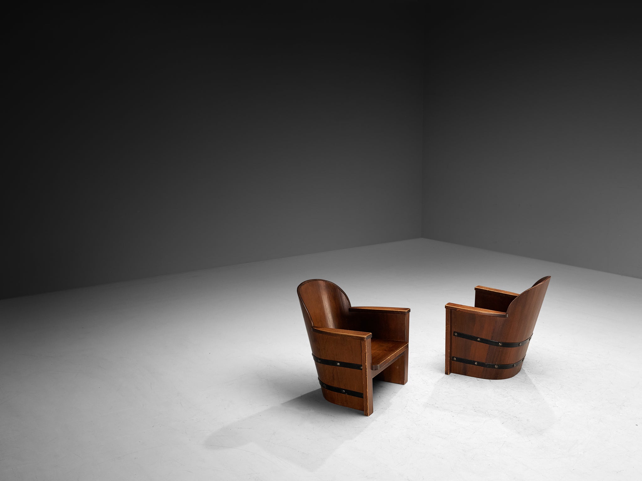 Rare Åby Möbelfabrik Pair of 'Lövåsen' Barrel Armchairs in Solid Pine and Iron Seating Morentz