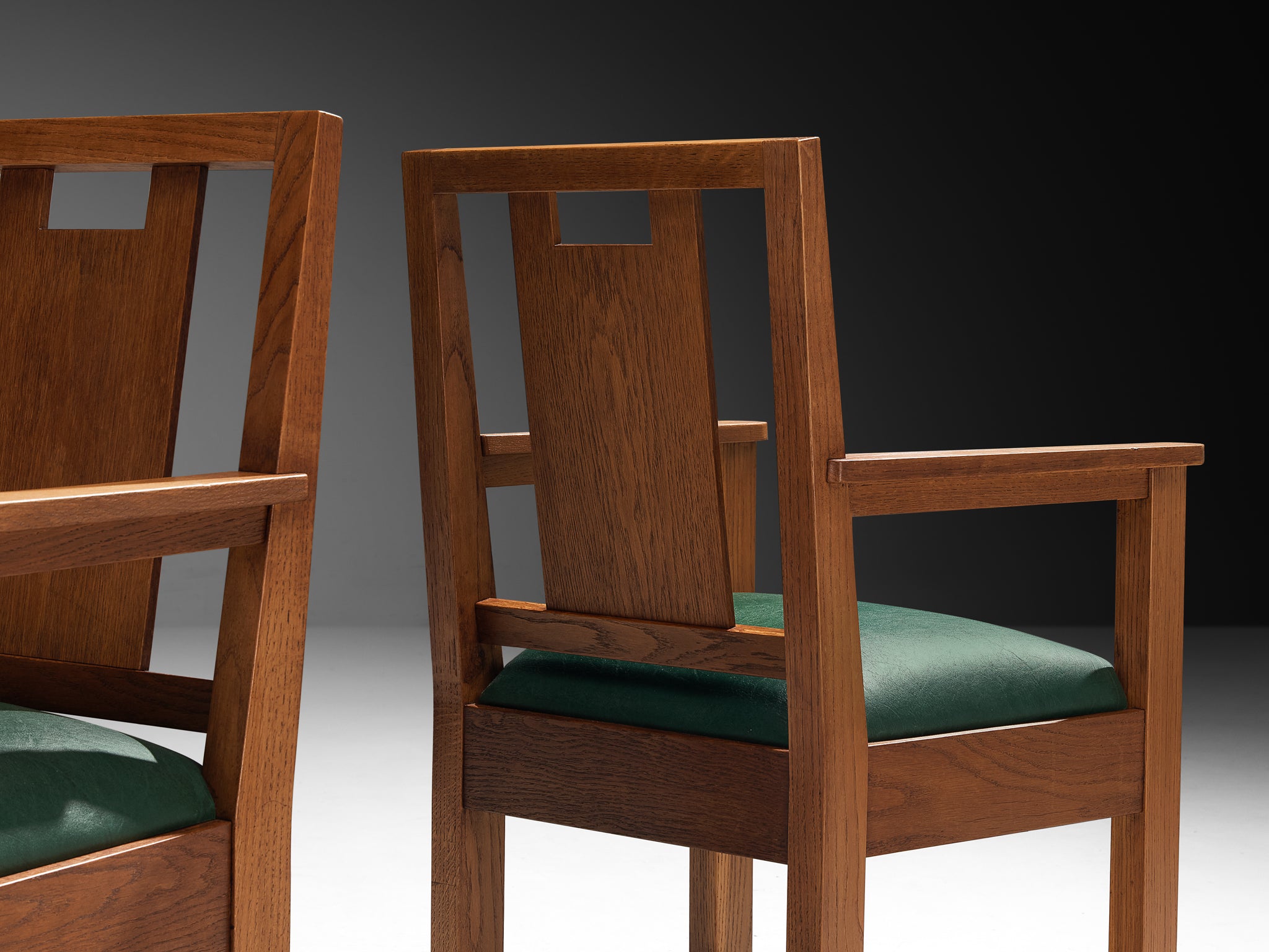 Art Deco Set of Eight Dining Chairs in Oak and Green Upholstered Seats Seating Morentz