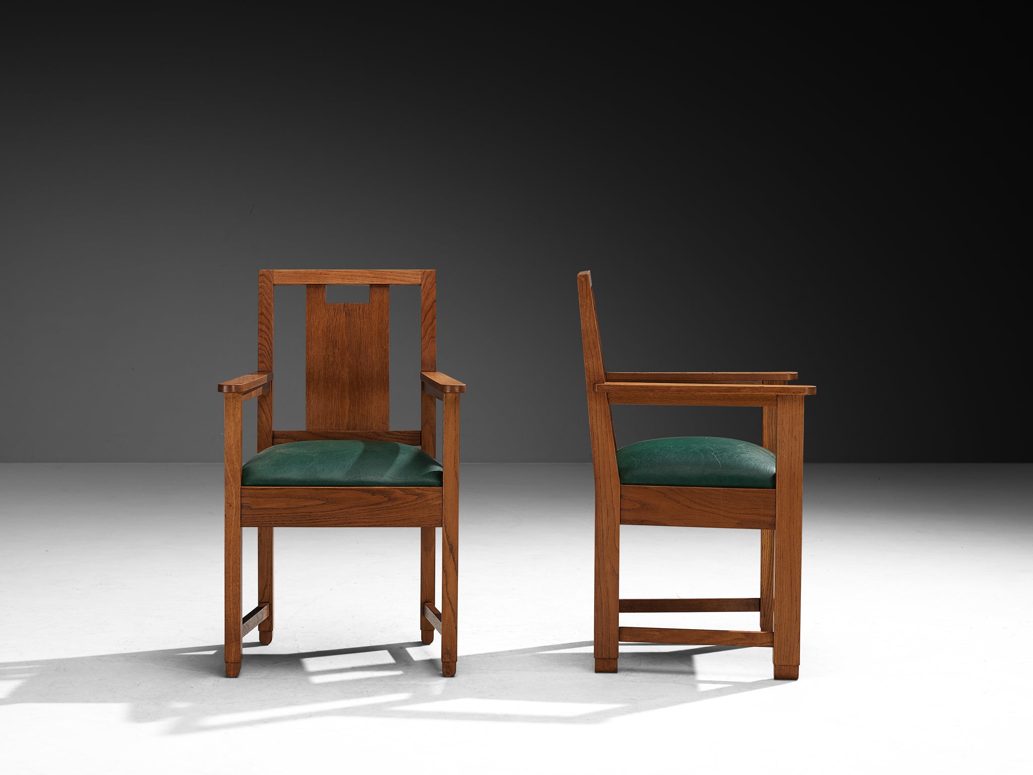 Art Deco Set of Eight Dining Chairs in Oak and Green Upholstered Seats Seating Morentz