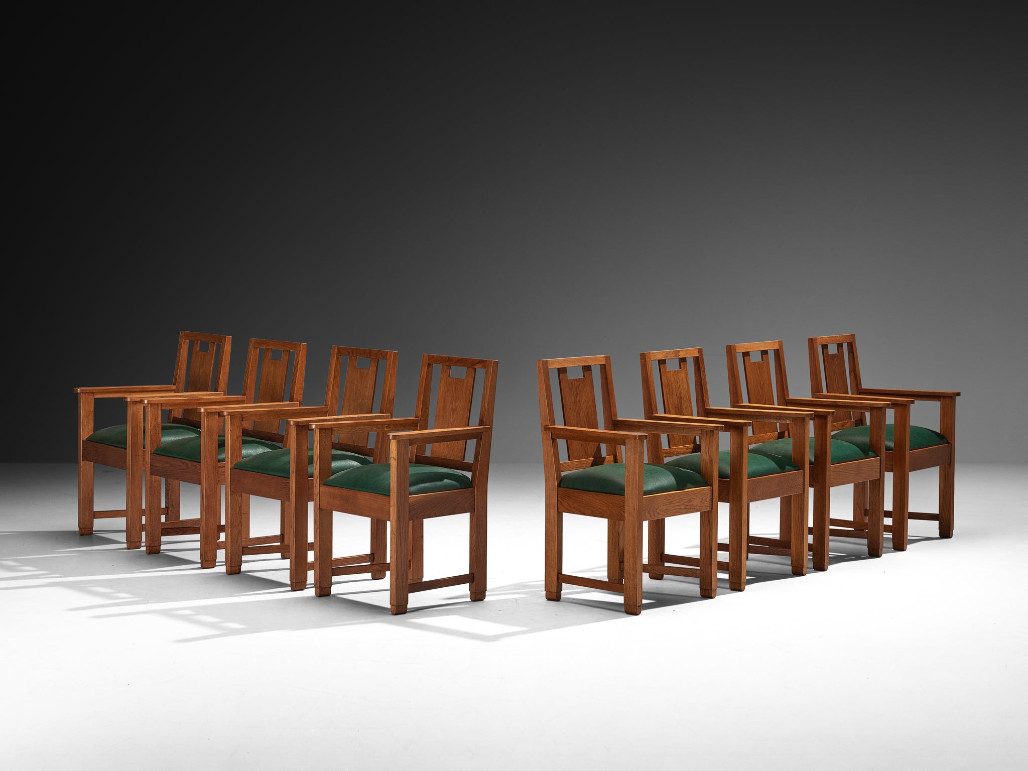 Art Deco Set of Eight Dining Chairs in Oak and Green Upholstered Seats Seating Morentz