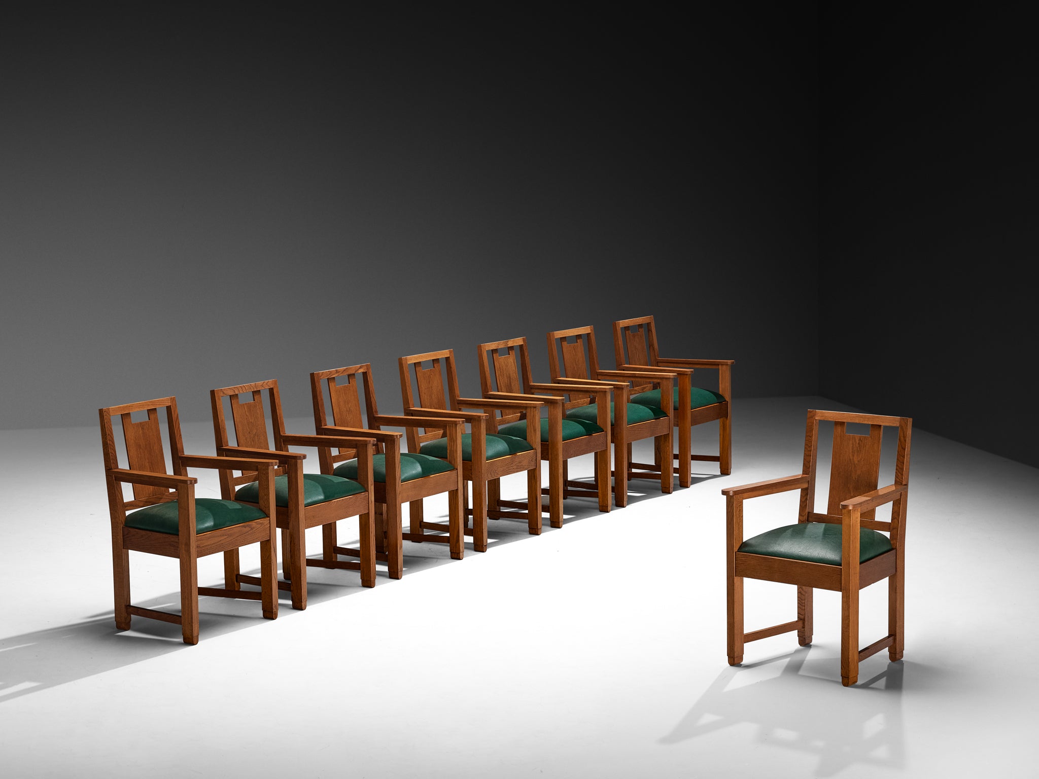 Art Deco Set of Eight Dining Chairs in Oak and Green Upholstered Seats Seating Morentz
