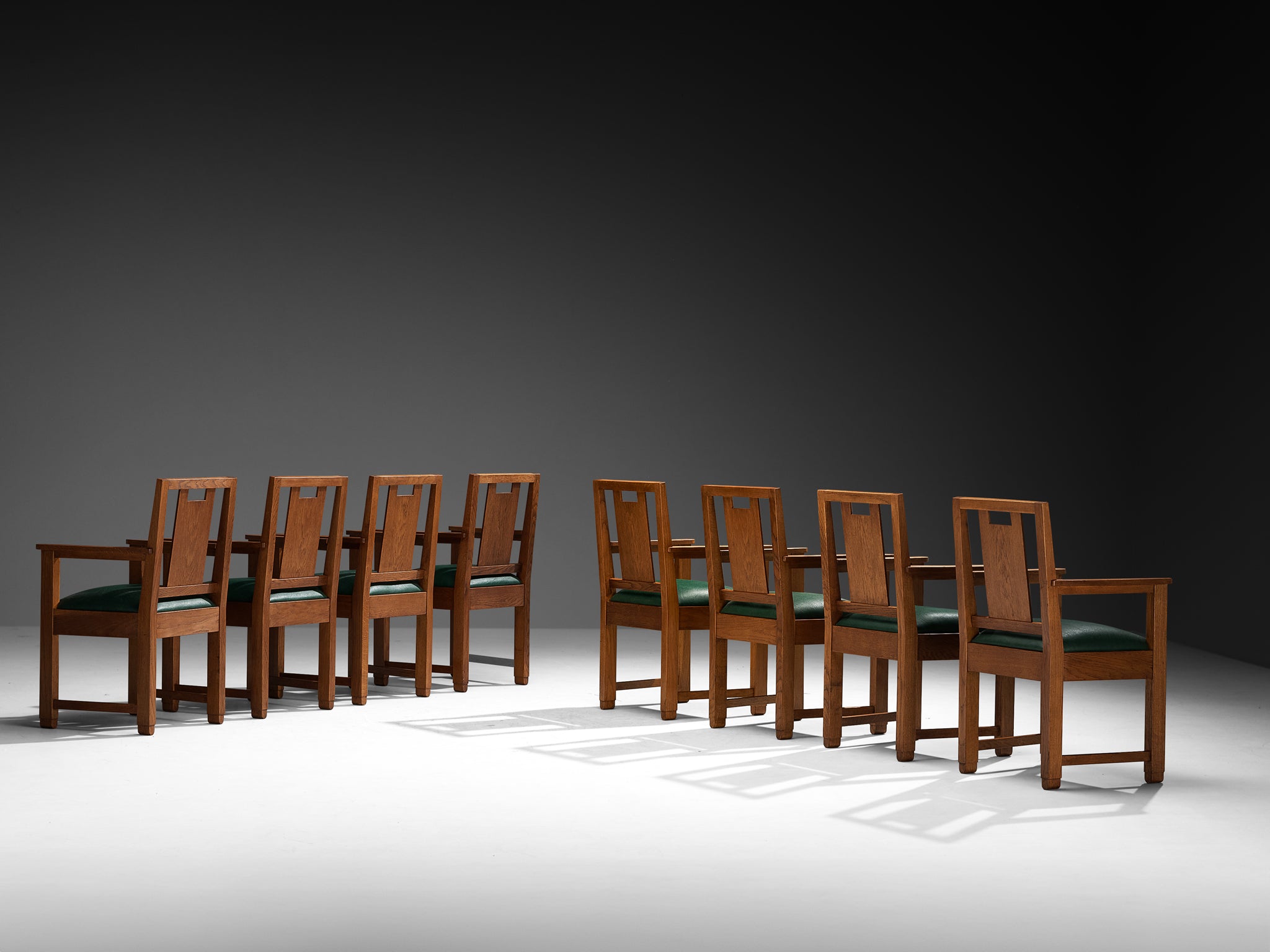 Art Deco Set of Eight Dining Chairs in Oak and Green Upholstered Seats Seating Morentz