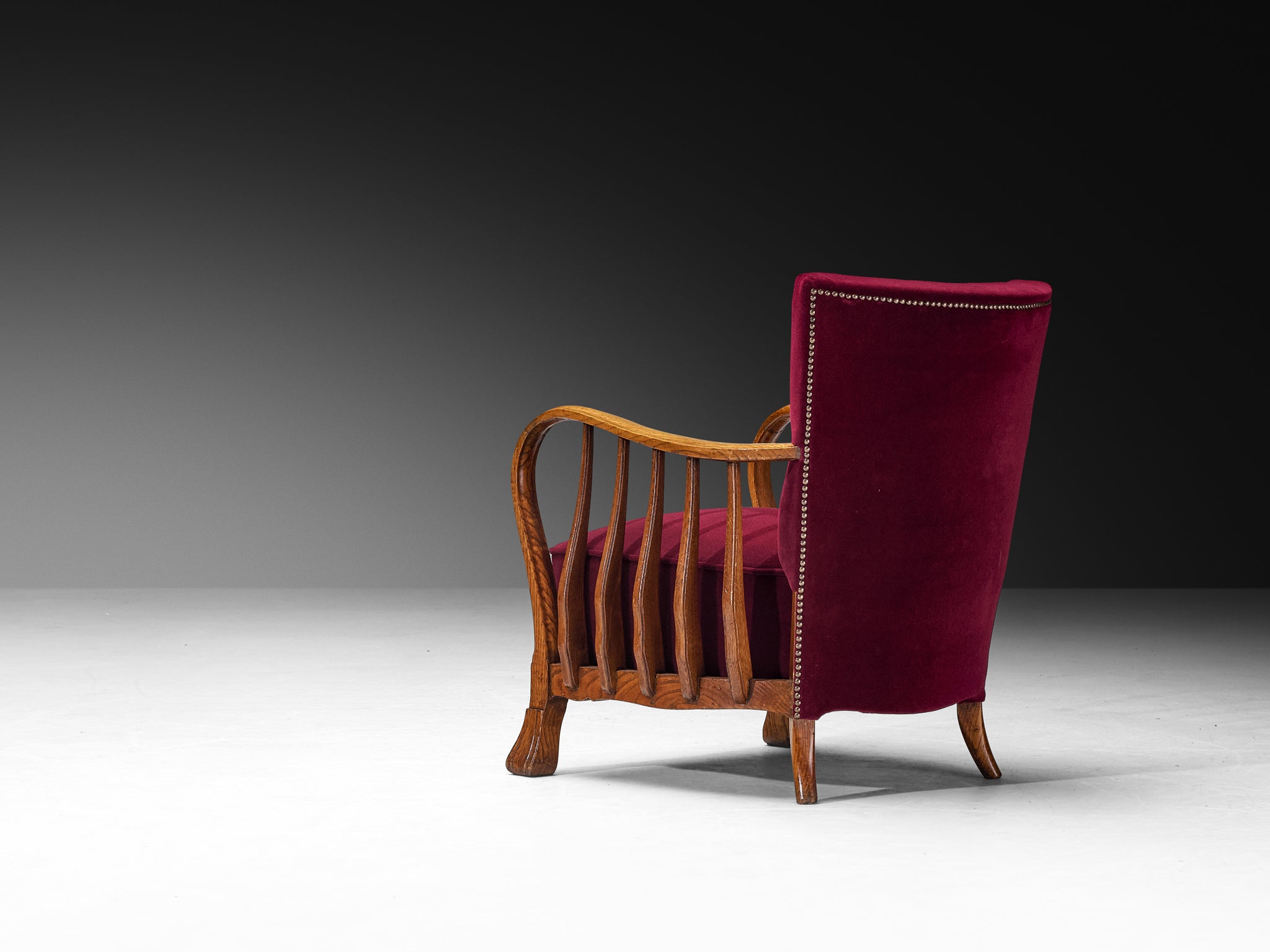 Ernesto Valabrega for Vittorio Valabrega Italian Art Deco Lounge Set Chairs and Ottoman in Wood and Foresti Red Velvet Seating Morentz