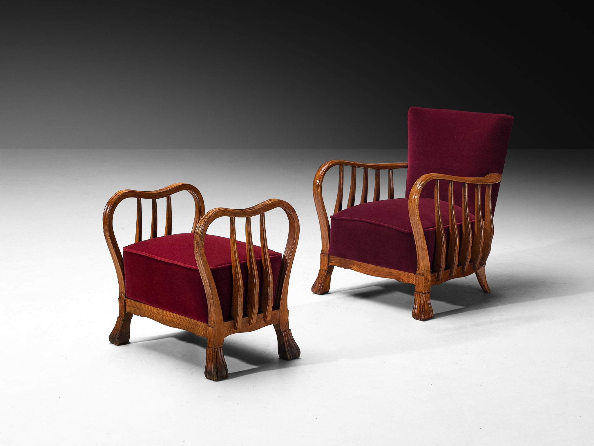 Ernesto Valabrega for Vittorio Valabrega Italian Art Deco Lounge Set Chairs and Ottoman in Wood and Foresti Red Velvet Seating Morentz