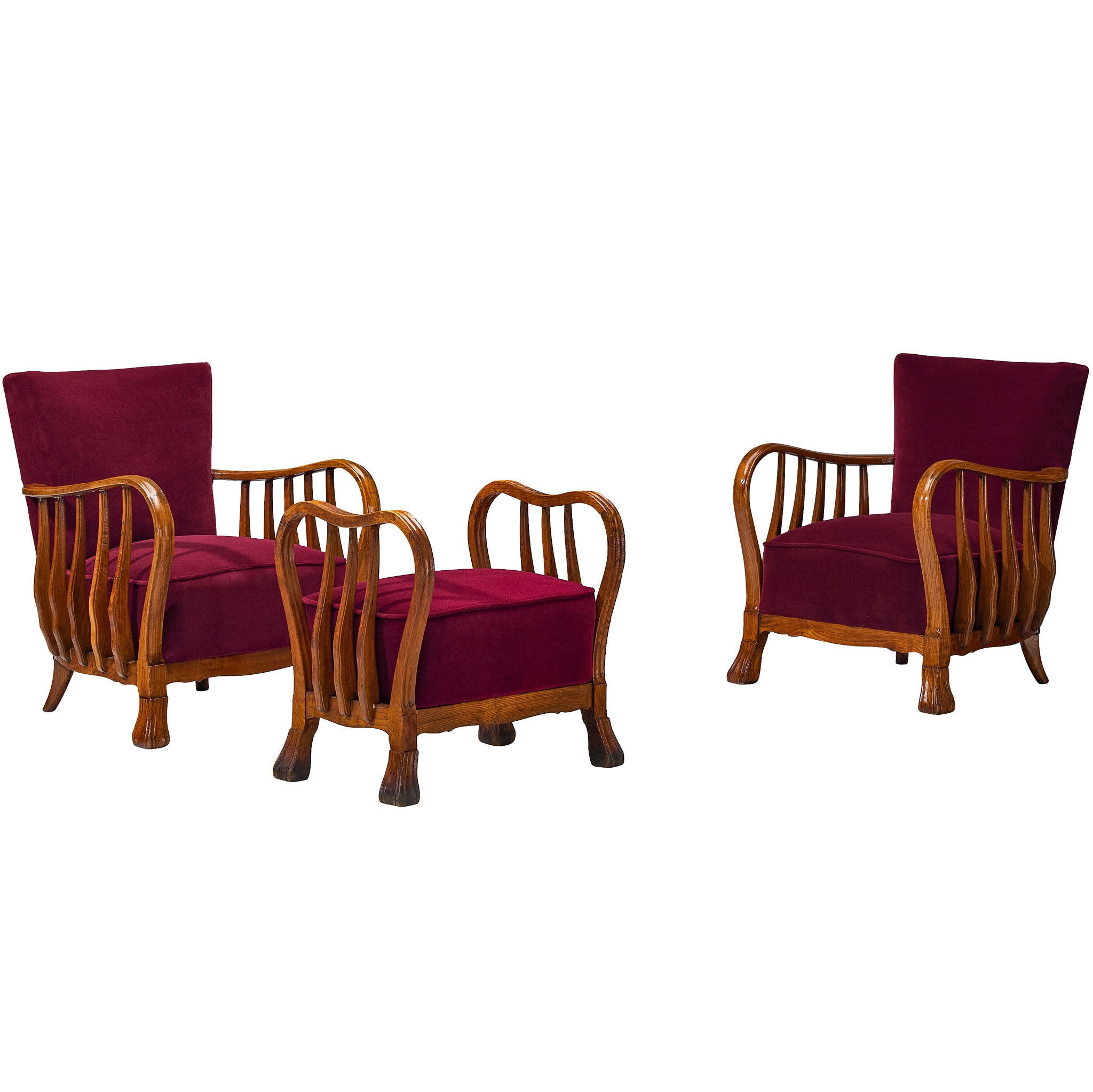 Ernesto Valabrega for Vittorio Valabrega Italian Art Deco Lounge Set Chairs and Ottoman in Wood and Foresti Red Velvet