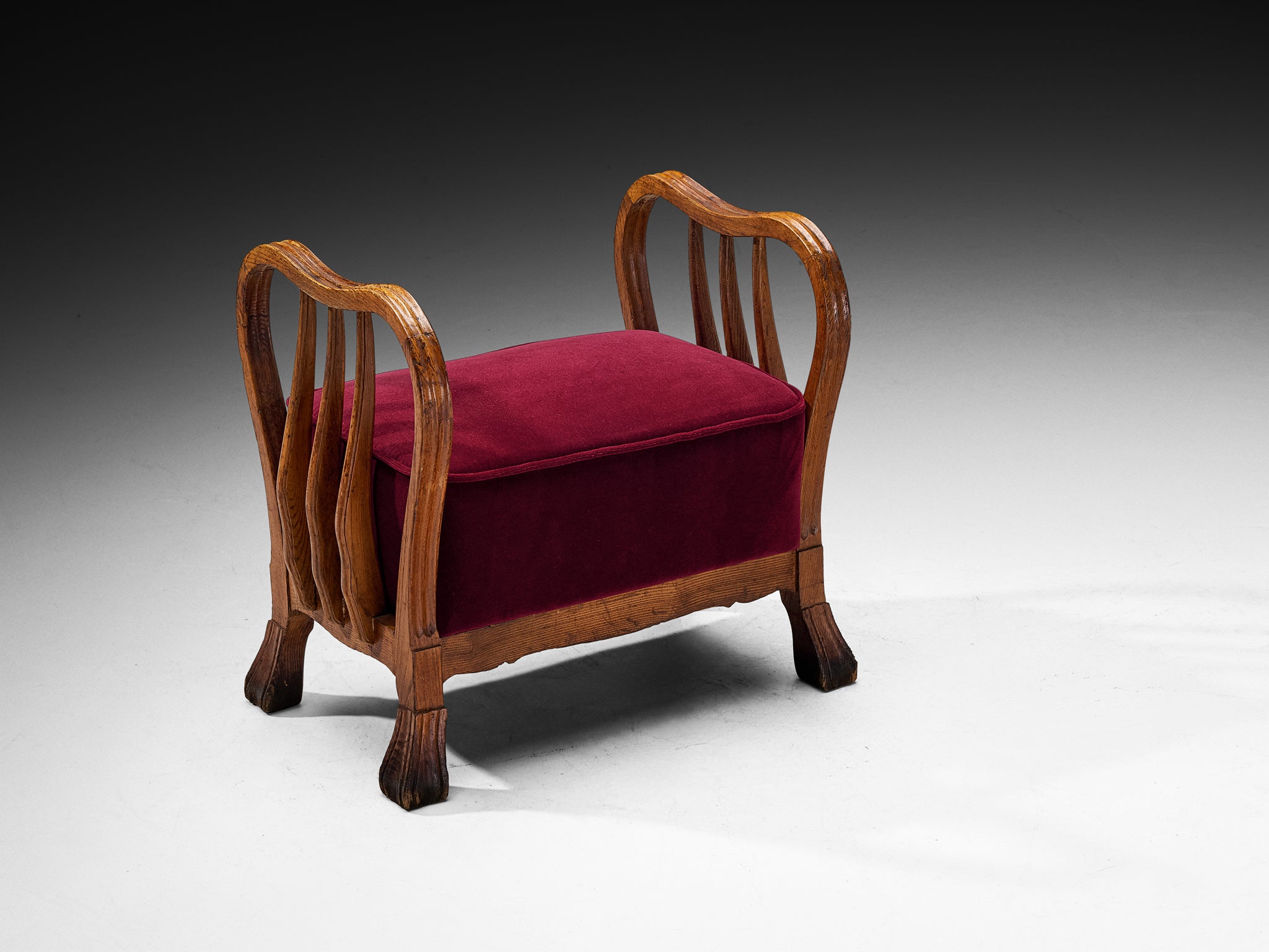 Ernesto Valabrega for Vittorio Valabrega Italian Art Deco Lounge Set Chairs and Ottoman in Wood and Foresti Red Velvet Seating Morentz