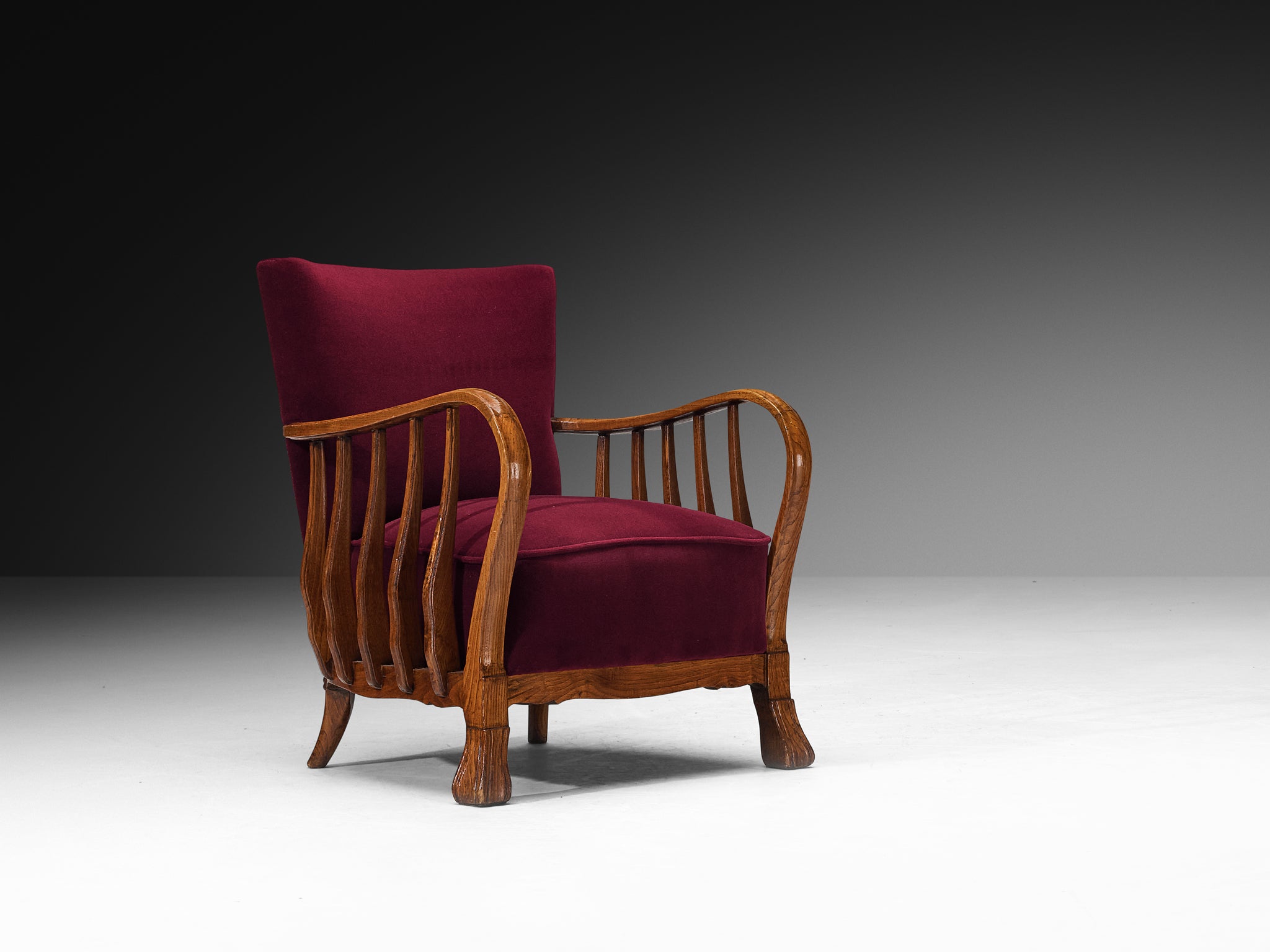 Ernesto Valabrega for Vittorio Valabrega Italian Art Deco Lounge Set Chairs and Ottoman in Wood and Foresti Red Velvet Seating Morentz