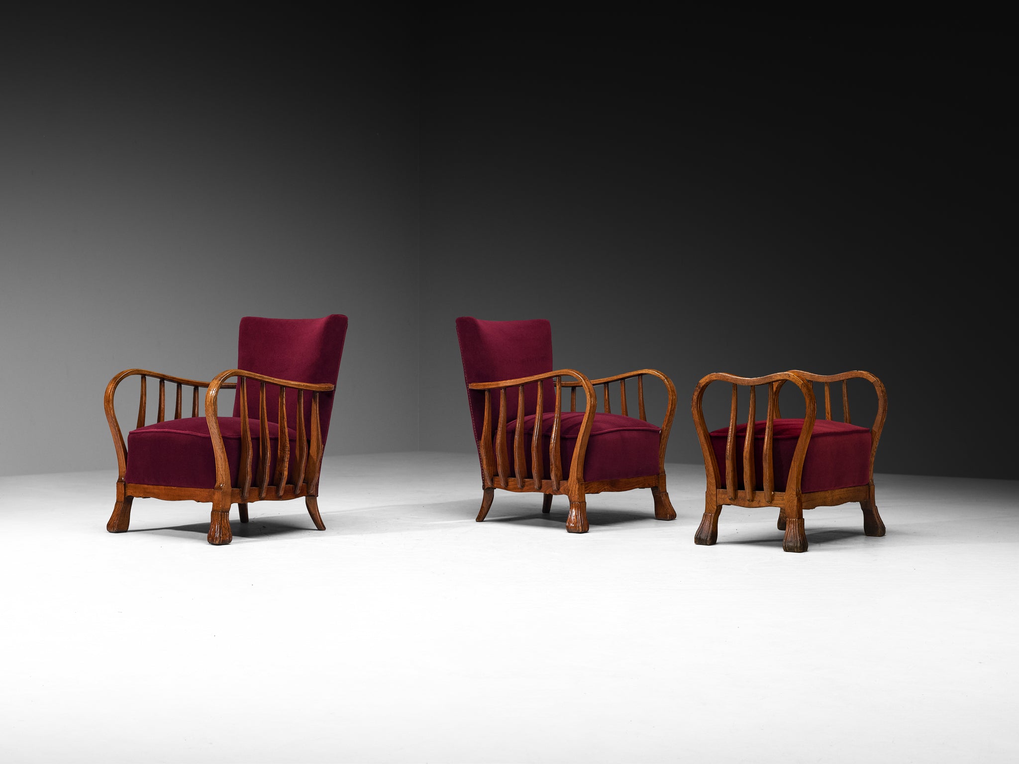 Ernesto Valabrega for Vittorio Valabrega Italian Art Deco Lounge Set Chairs and Ottoman in Wood and Foresti Red Velvet Seating Morentz