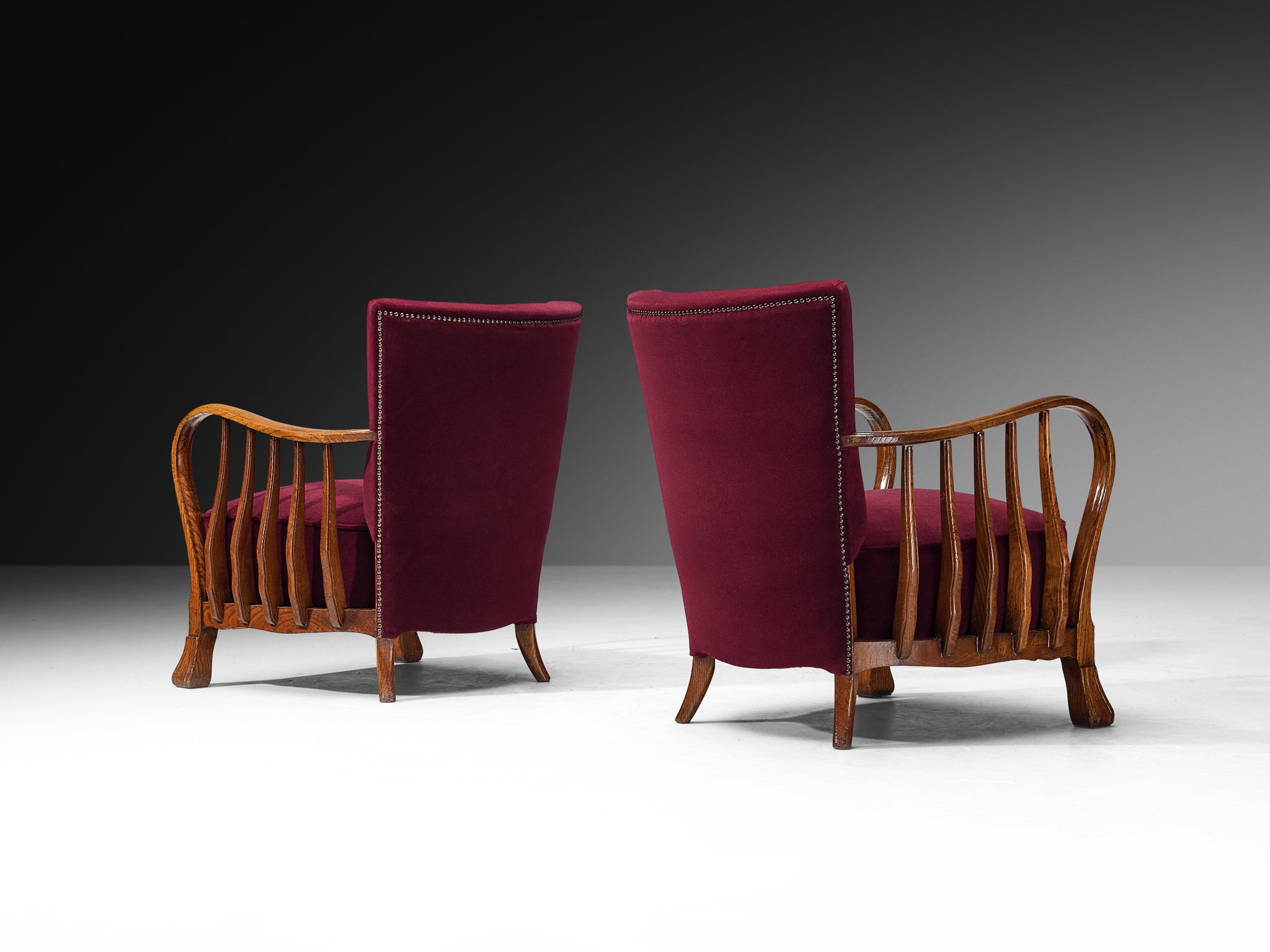 Ernesto Valabrega for Vittorio Valabrega Italian Art Deco Lounge Set Chairs and Ottoman in Wood and Foresti Red Velvet Seating Morentz