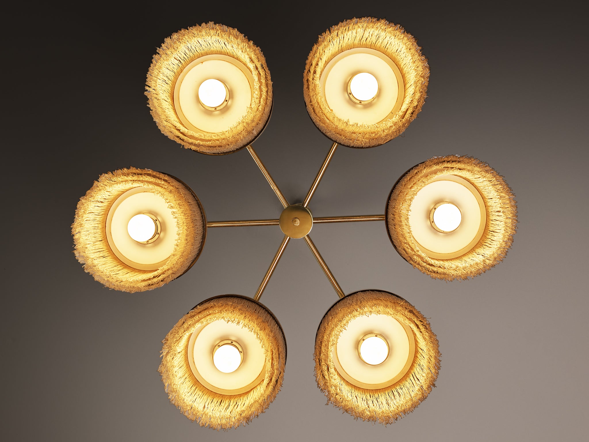 Hans-Agne Jakobsson Chandelier in Brass with Beige Silk Fringes Lighting Morentz