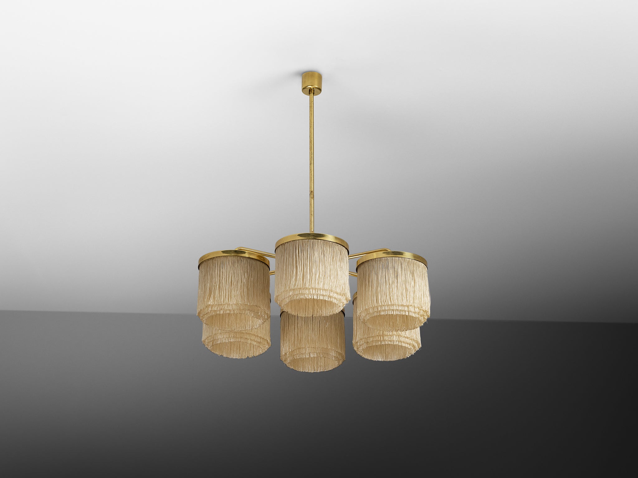 Hans-Agne Jakobsson Chandelier in Brass with Beige Silk Fringes Lighting Morentz