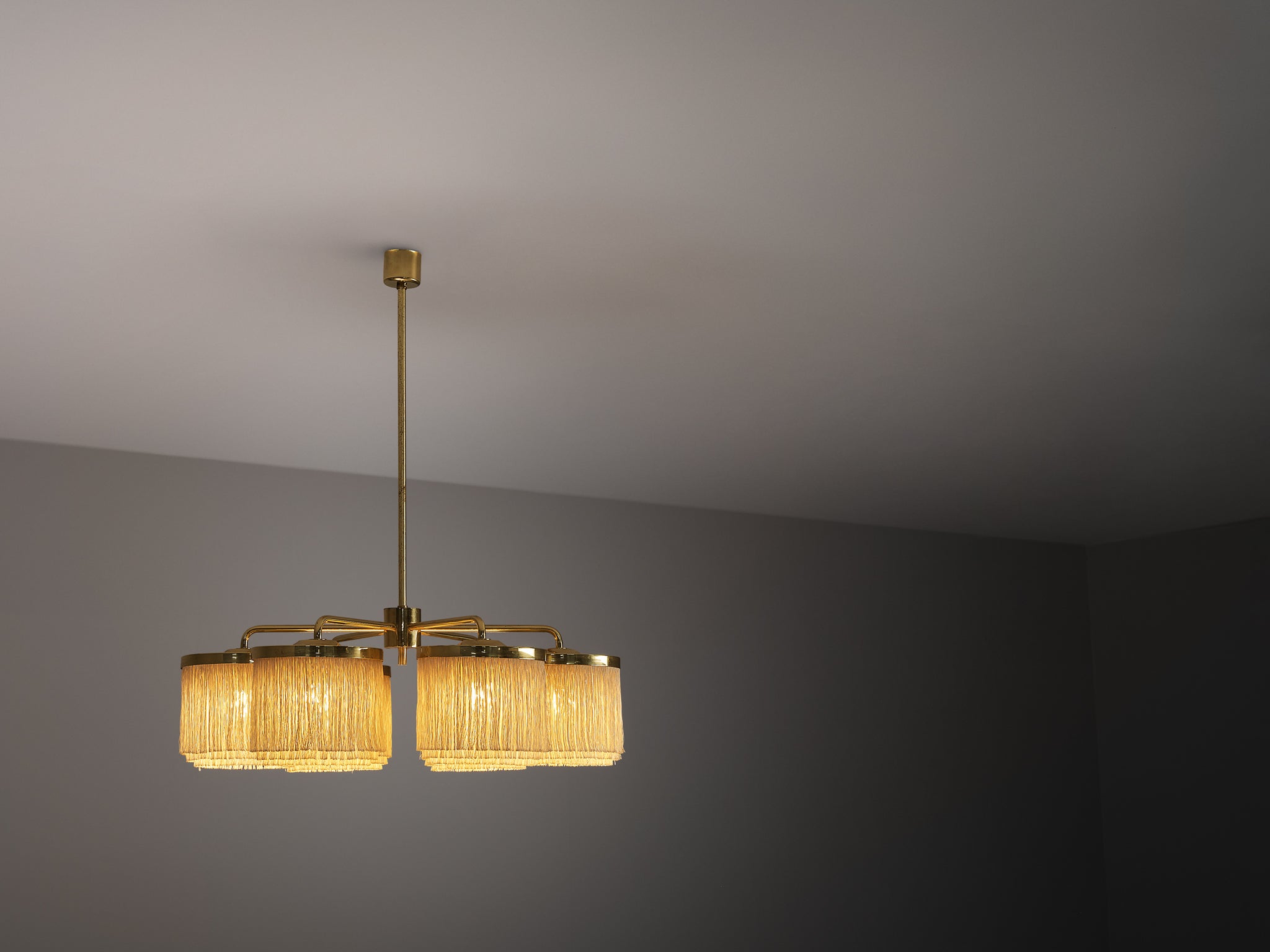 Hans-Agne Jakobsson Chandelier in Brass with Beige Silk Fringes Lighting Morentz