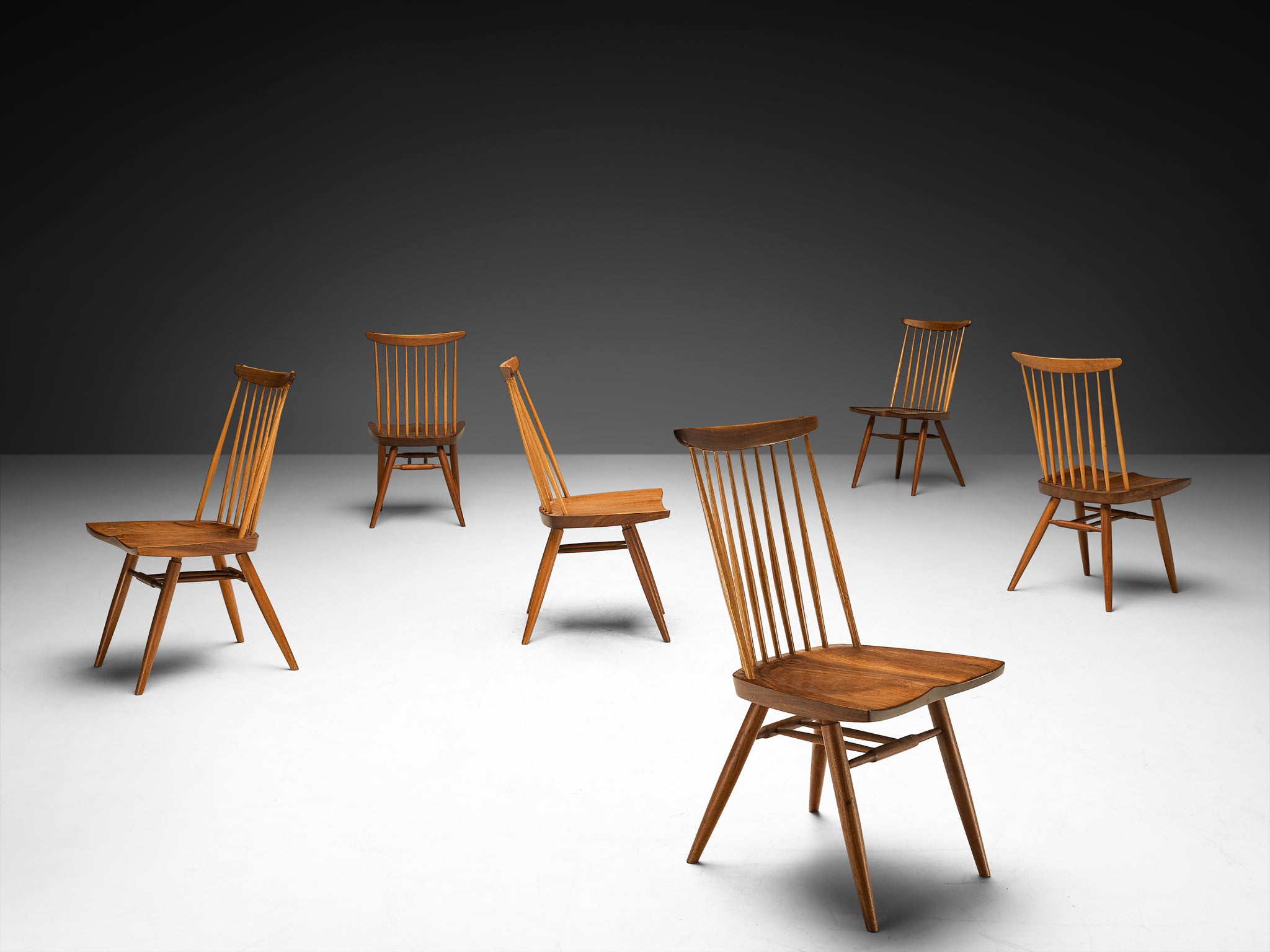 George Nakashima Set of Six 'New' Dining Chairs in Walnut and Hickory