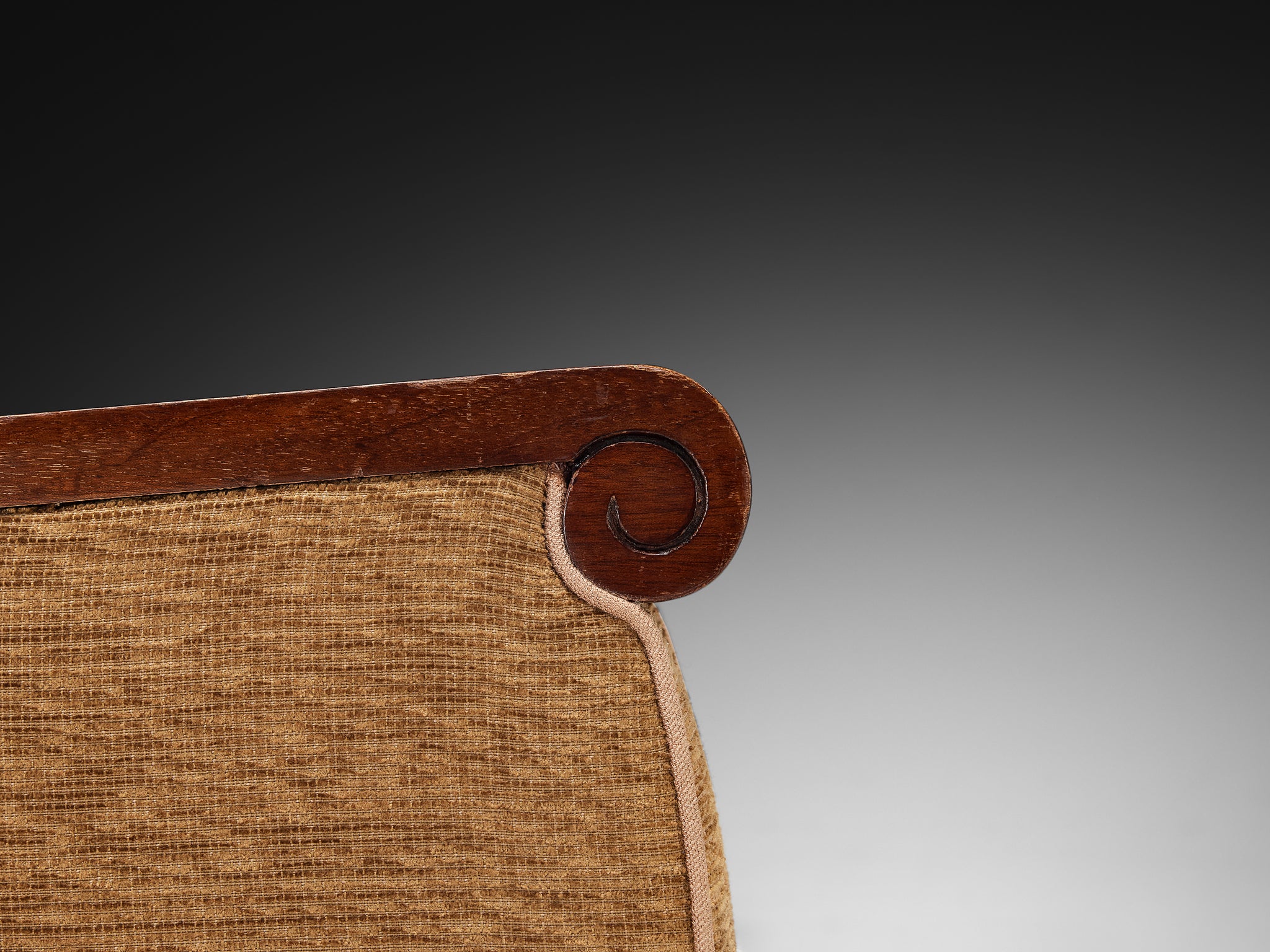 Pair of French Mid-Century Lounge Chairs in Mahogany and Mocha Upholstery Seating Morentz