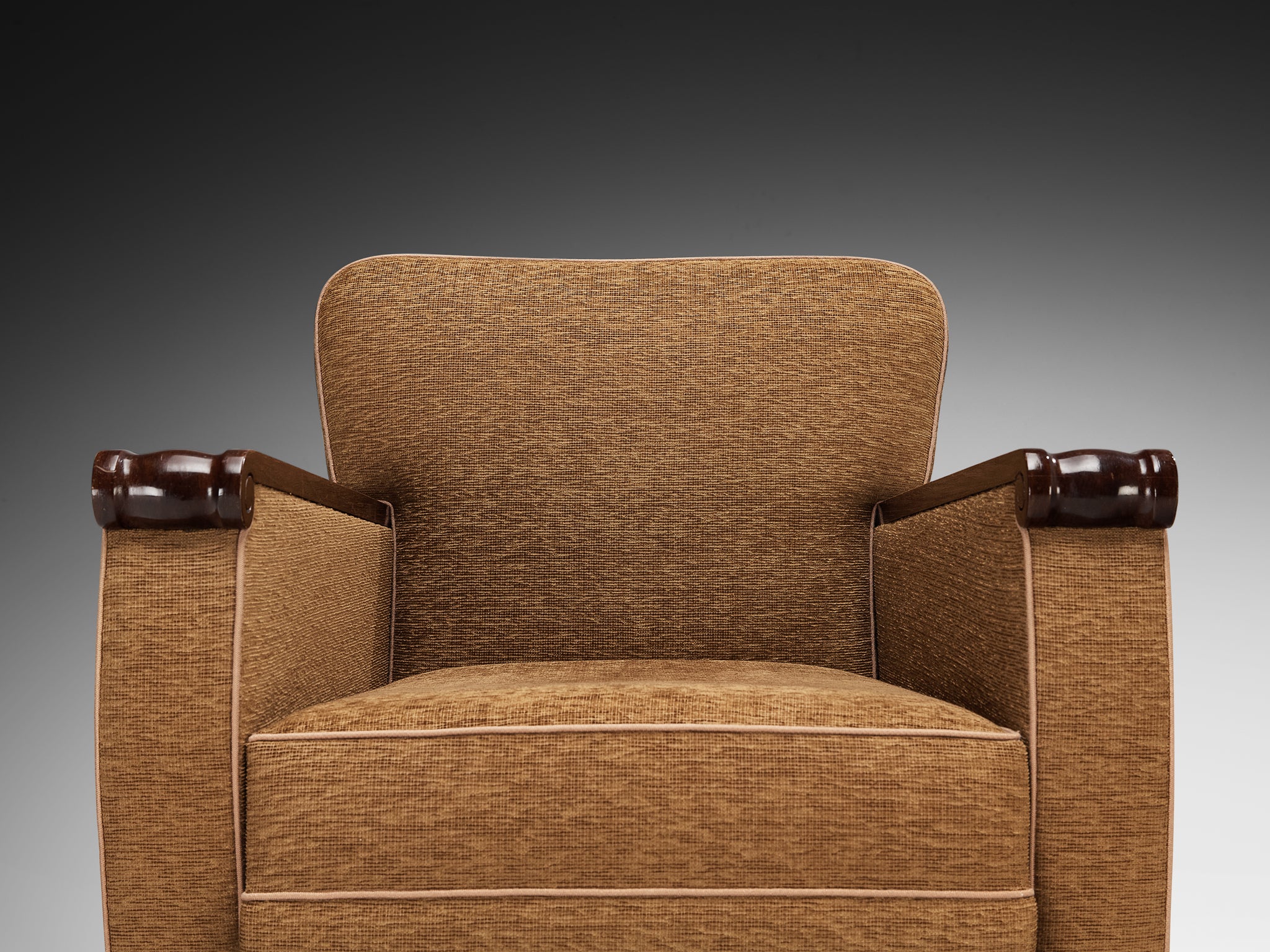 Pair of French Mid-Century Lounge Chairs in Mahogany and Mocha Upholstery