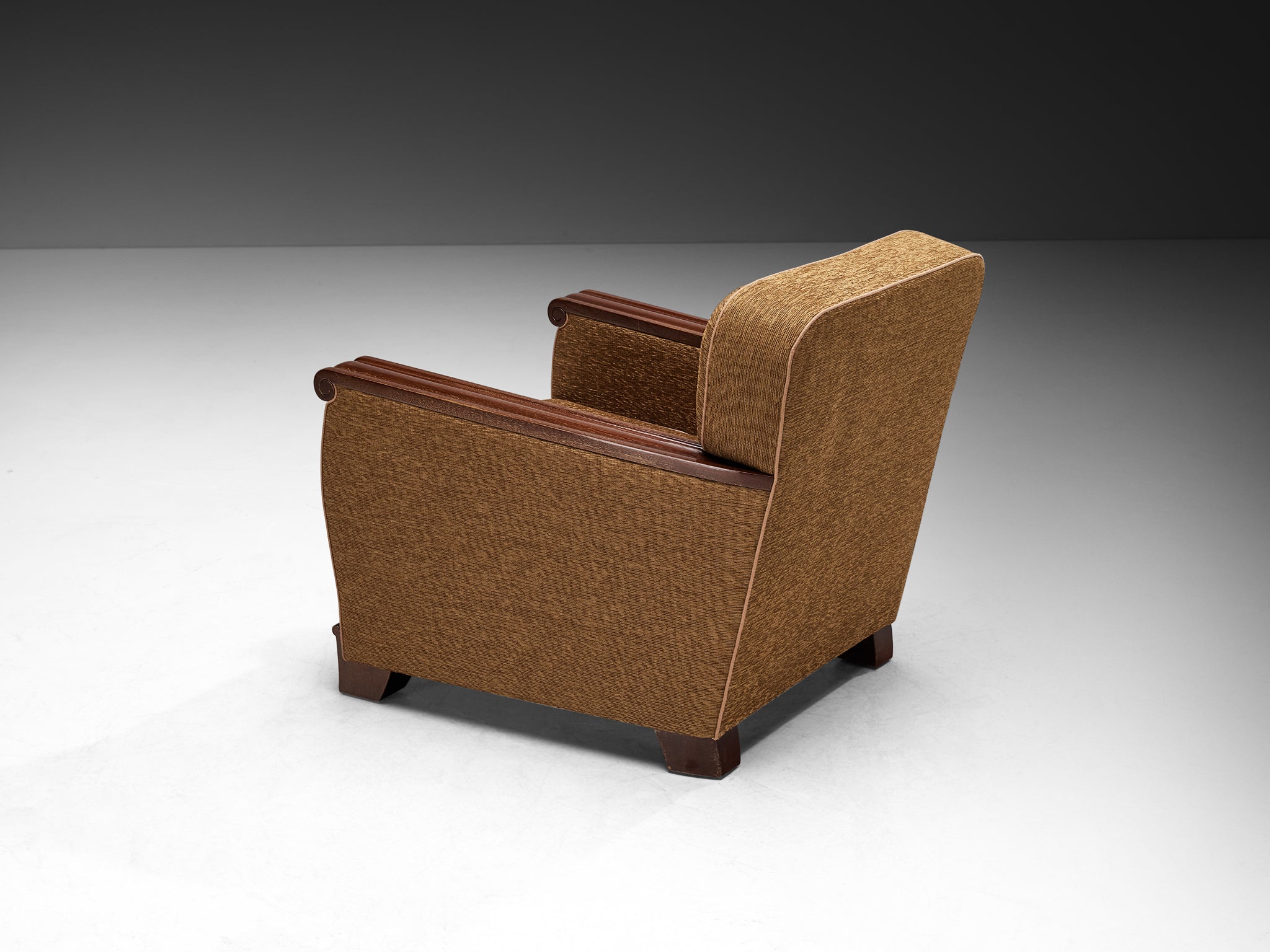 Pair of French Mid-Century Lounge Chairs in Mahogany and Mocha Upholstery Seating Morentz