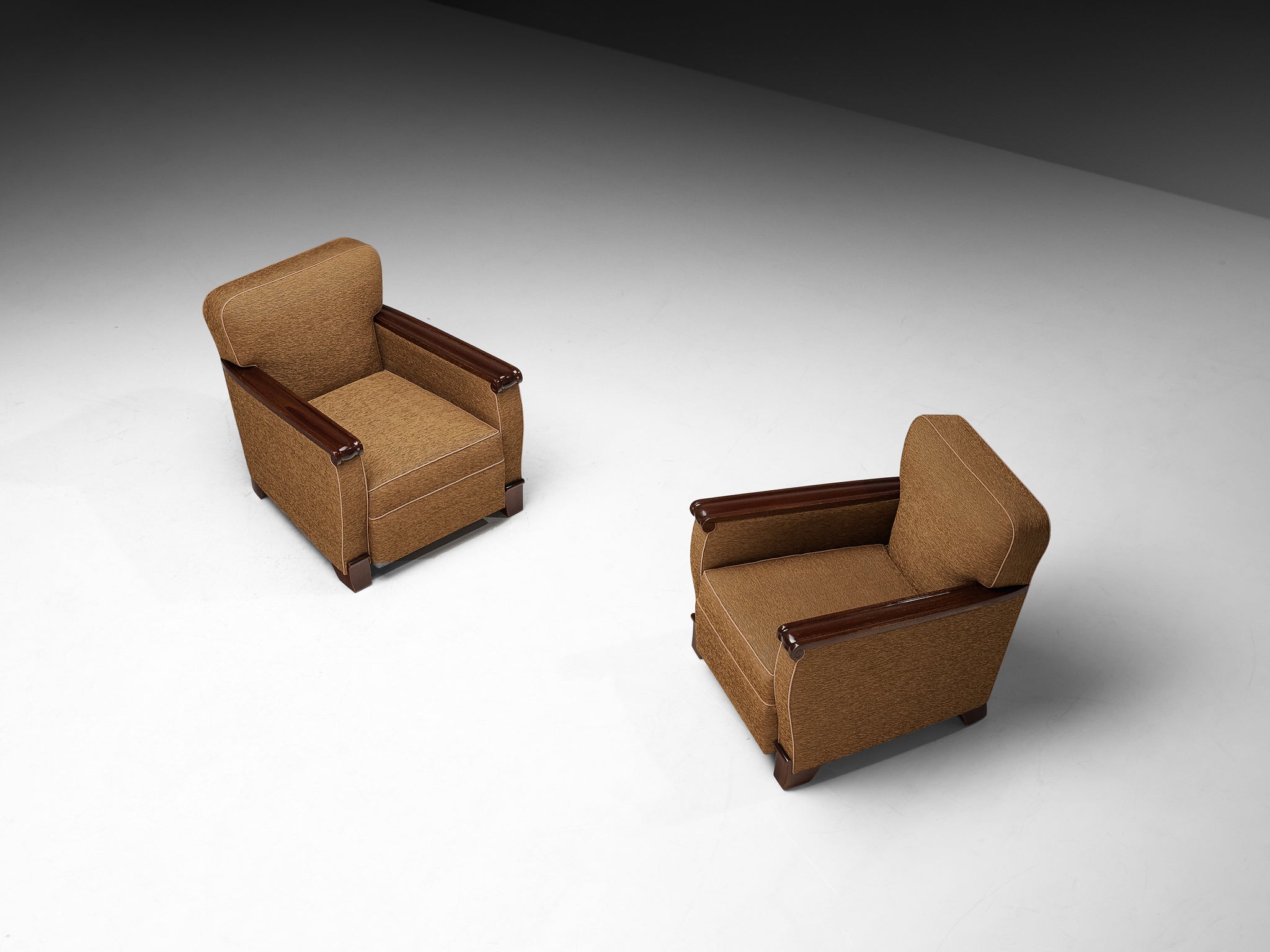 Pair of French Mid-Century Lounge Chairs in Mahogany and Mocha Upholstery Seating Morentz