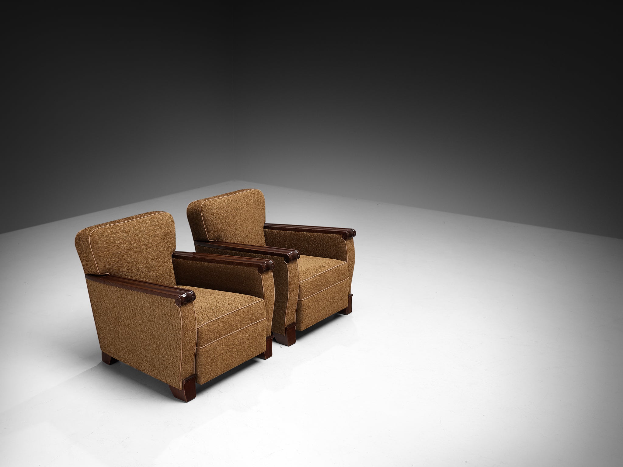 Pair of French Mid-Century Lounge Chairs in Mahogany and Mocha Upholstery Seating Morentz