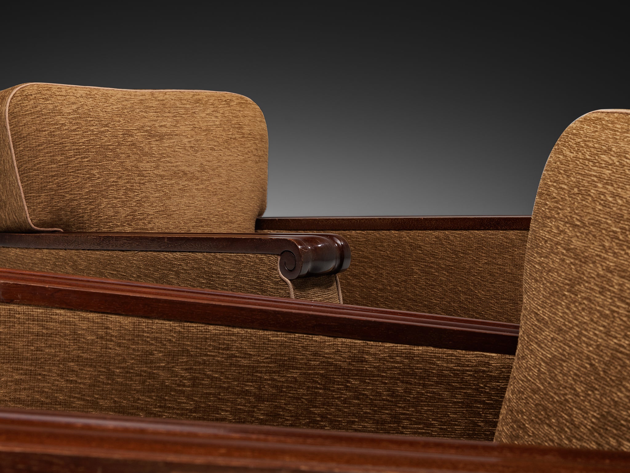Pair of French Mid-Century Lounge Chairs in Mahogany and Mocha Upholstery Seating Morentz