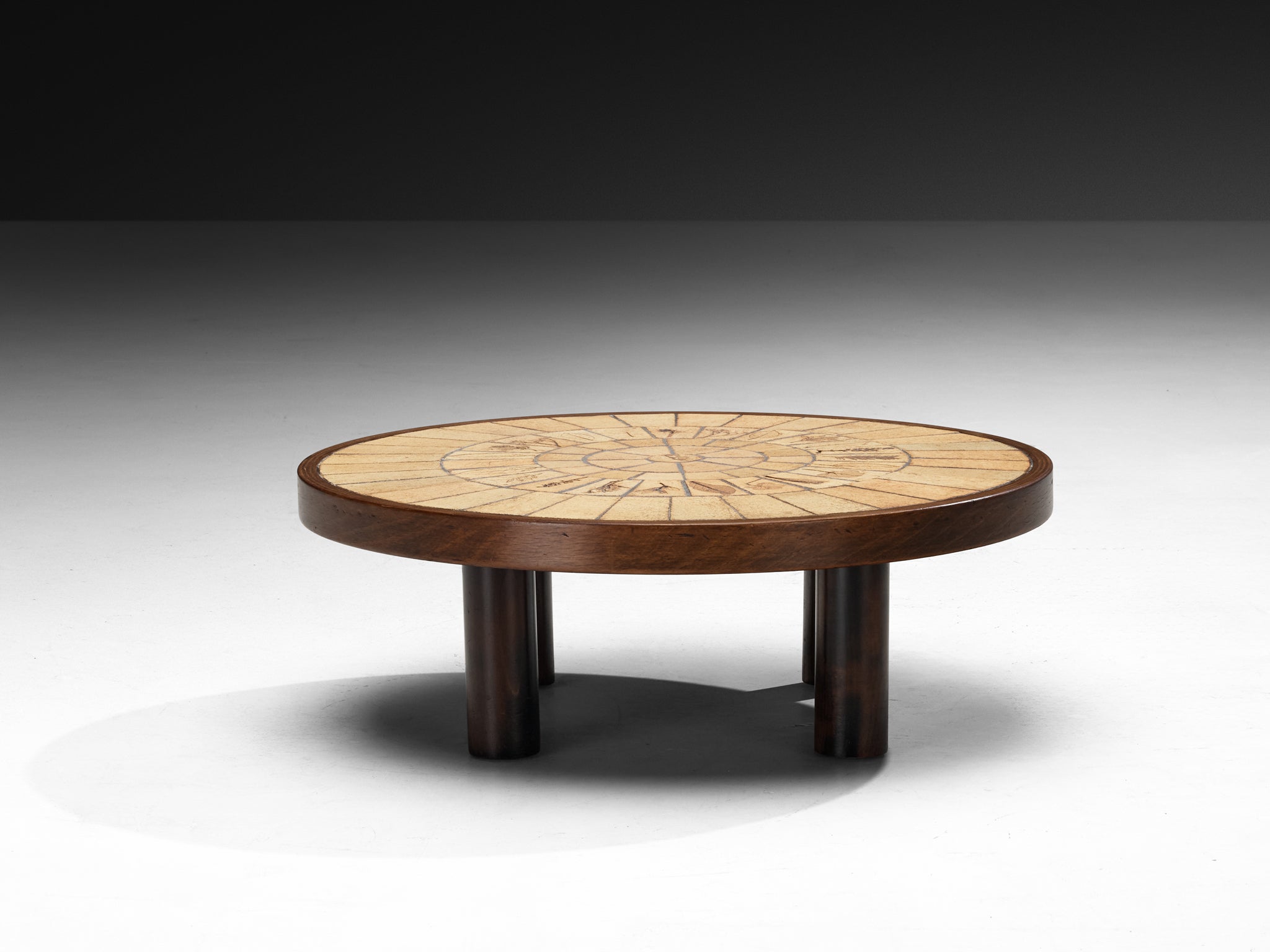 Roger Capron Round Coffee Table with Floral Imprints in Ceramic and Wood