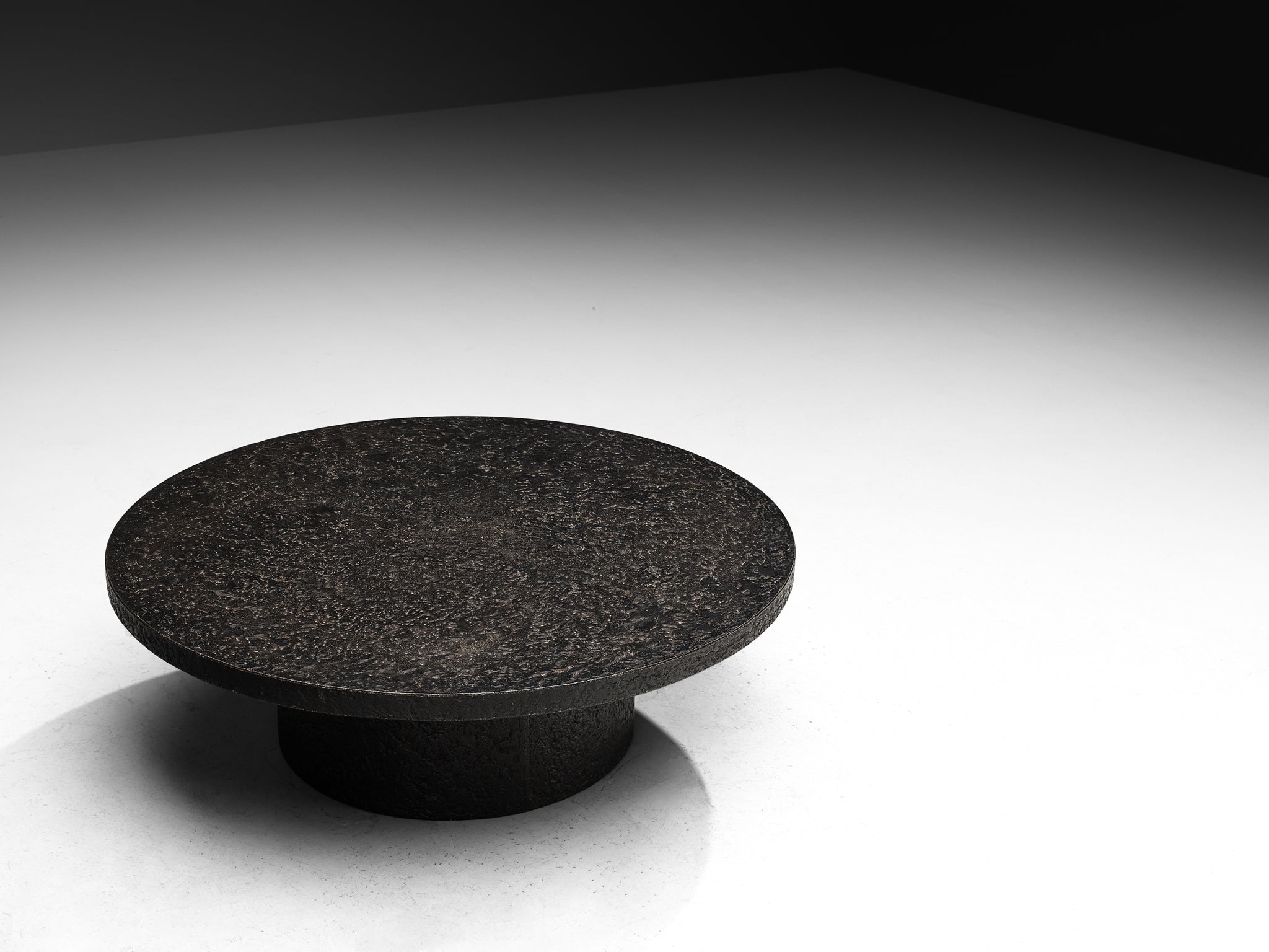 Brutalist Round Coffee Table in Black Stone Look Resin