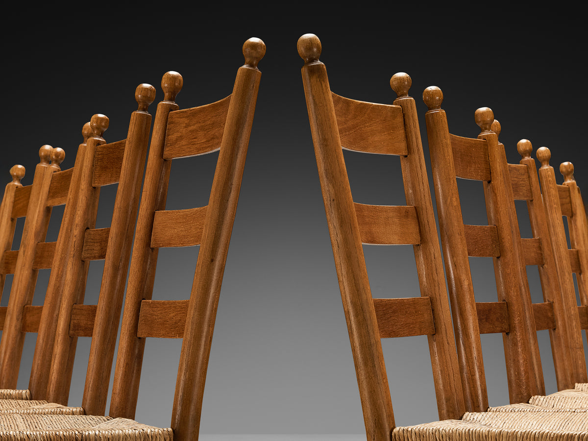 Rustic Set of Eight Dining Chairs in Solid Oak and Straw Seating Morentz