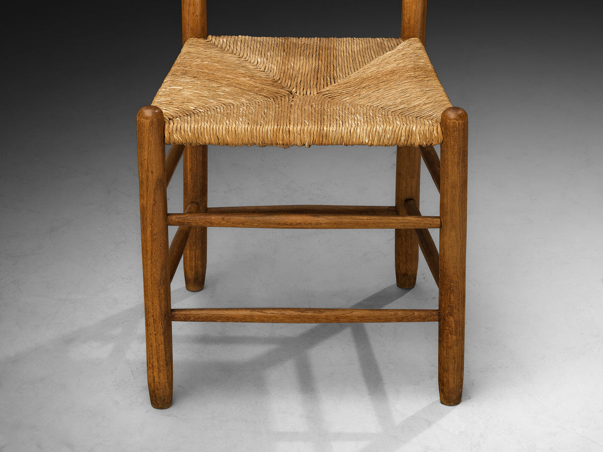 Rustic Set of Twelve Dining Chairs in Solid Oak and Straw Seating Morentz