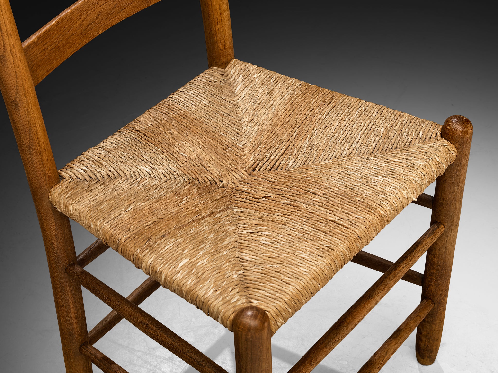 Rustic Set of Twelve Dining Chairs in Solid Oak and Straw Seating Morentz