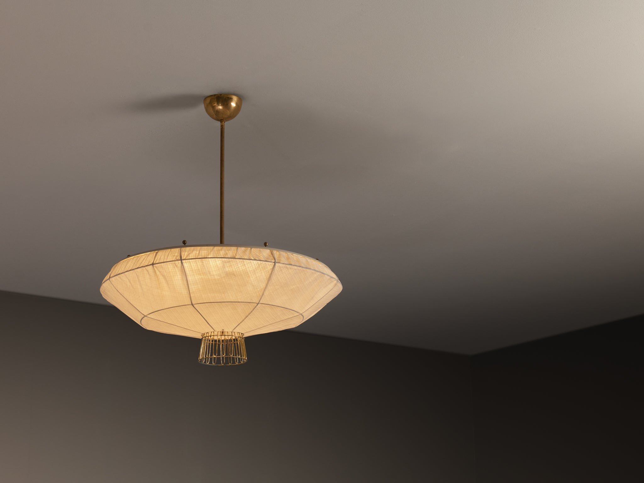 Lisa Johansson-Pape for Orno Rare Chandeliers in Brass and Off-White Fabric Lighting Morentz