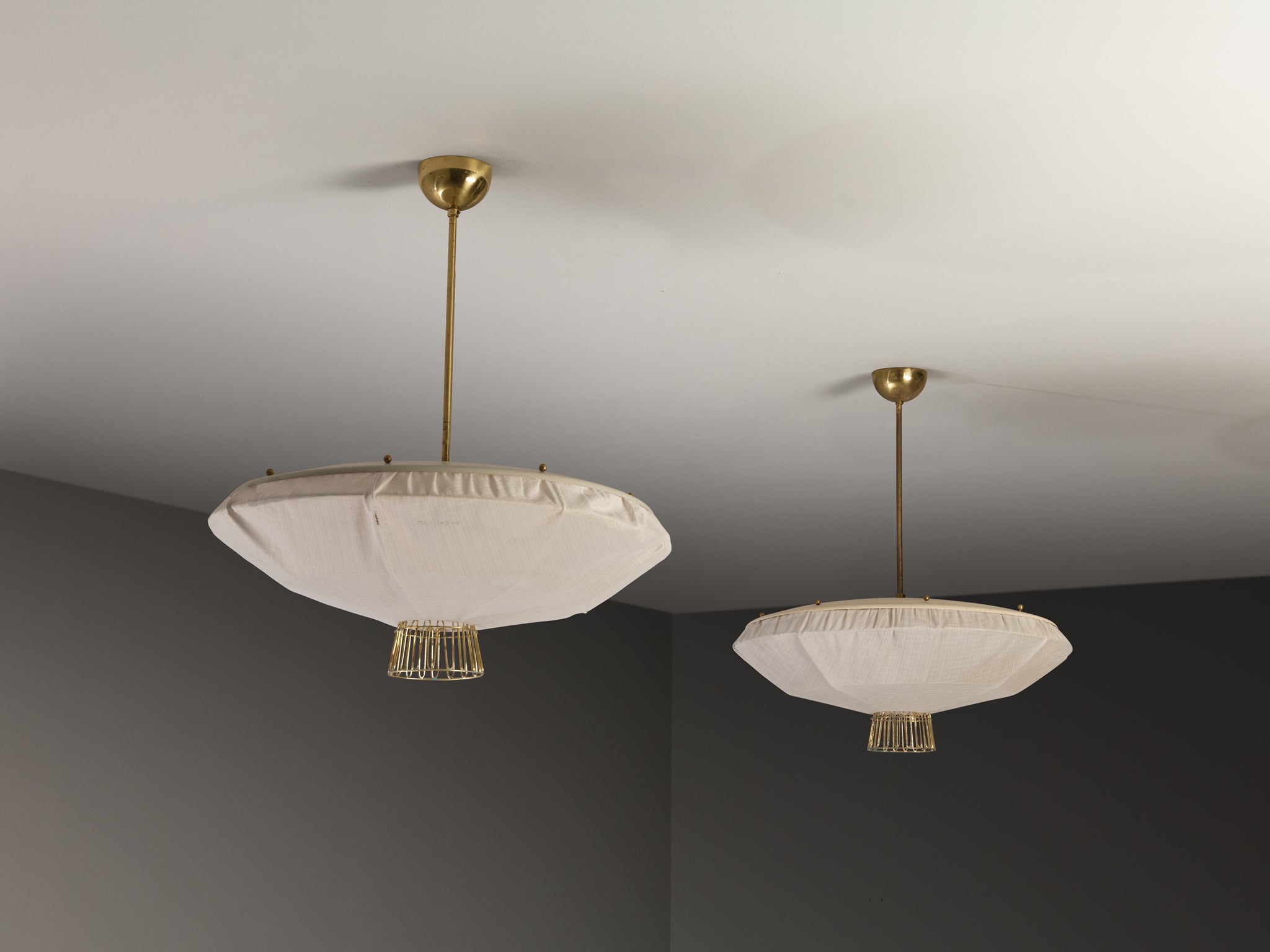 Lisa Johansson-Pape for Orno Rare Chandeliers in Brass and Off-White Fabric Lighting Morentz