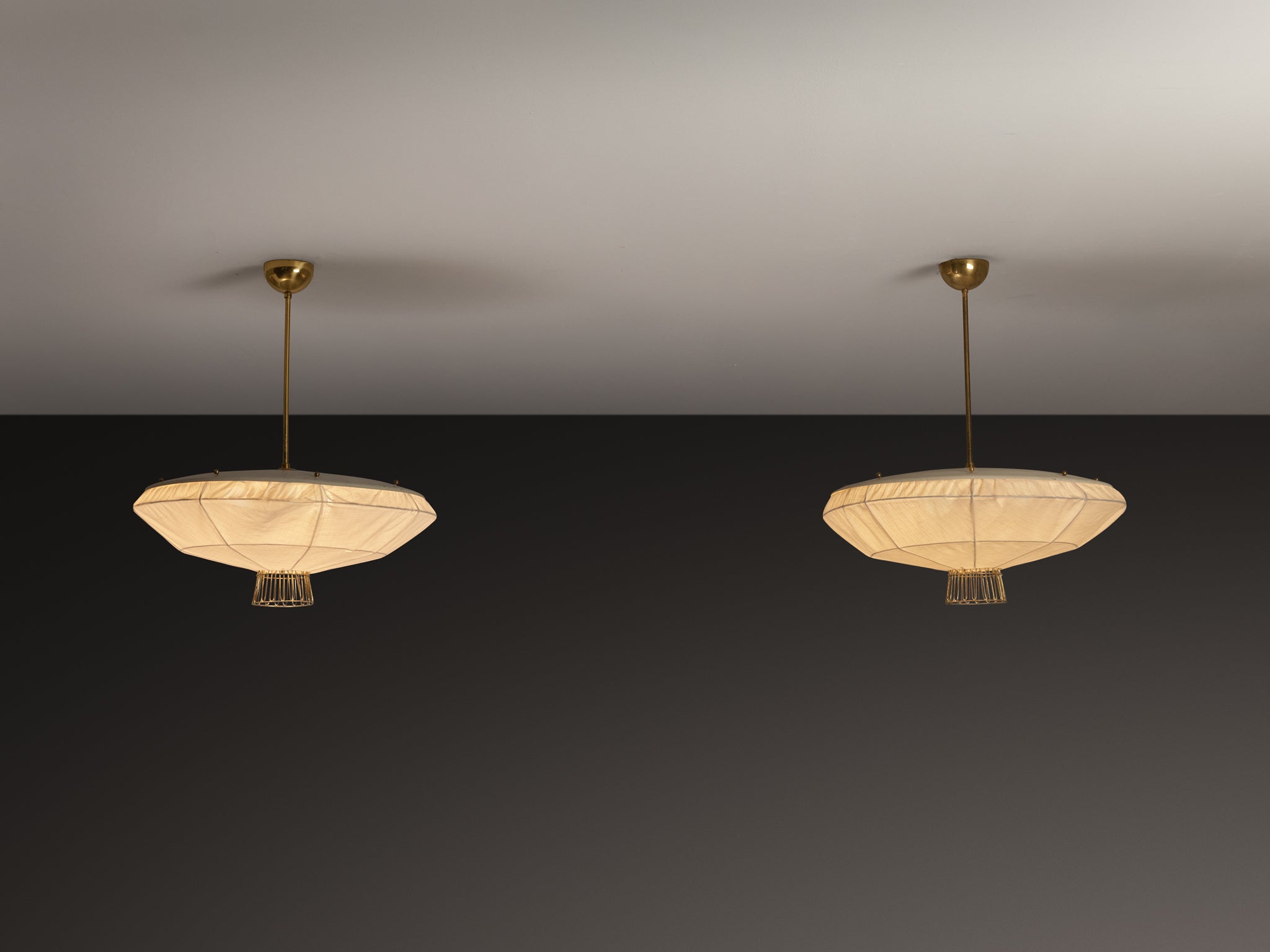 Lisa Johansson-Pape for Orno Rare Chandeliers in Brass and Off-White Fabric Lighting Morentz