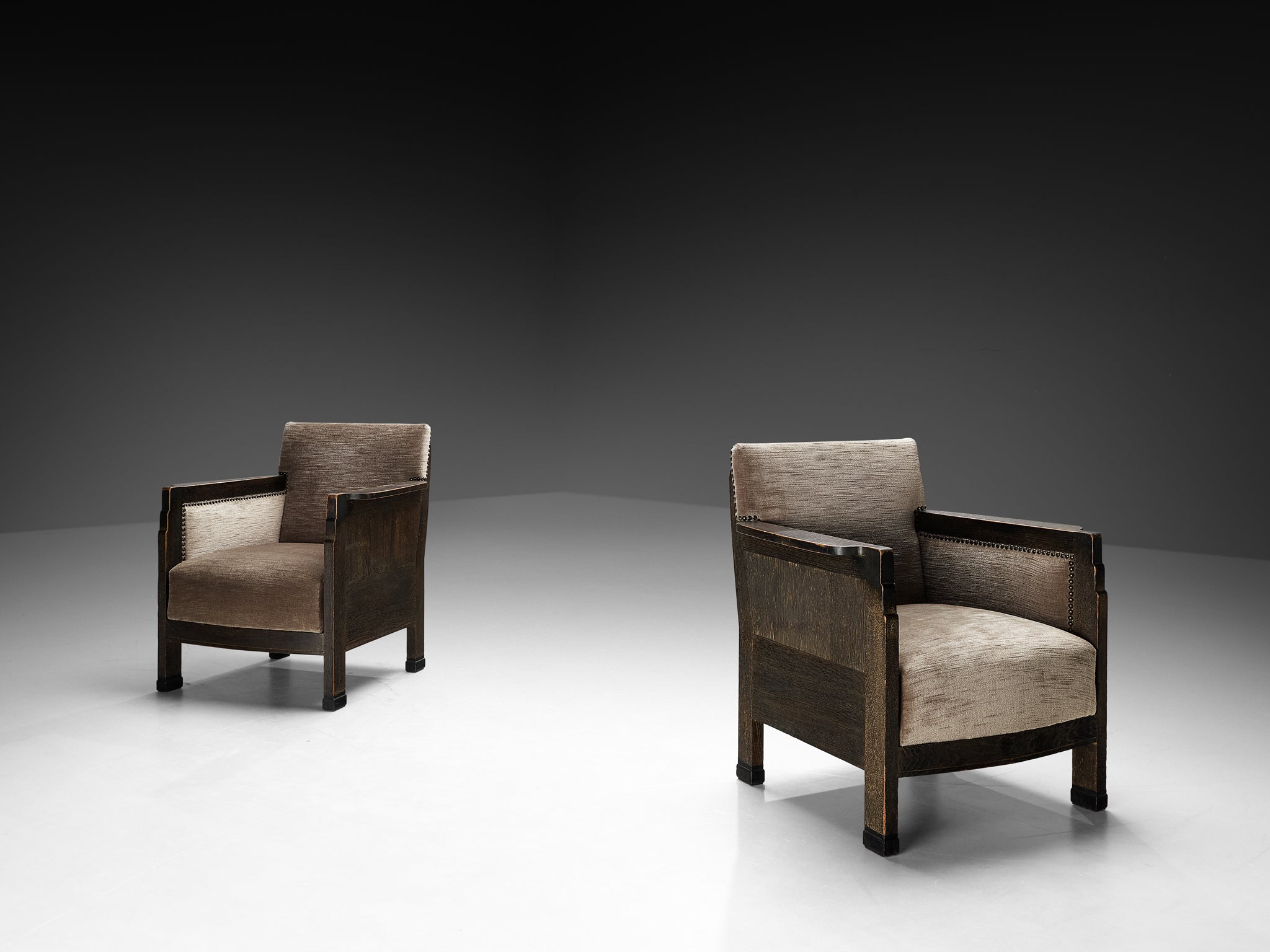 Amsterdam School Dutch Art Deco Pair of Lounge Chairs in Oak and Grey Velvet Seating Morentz