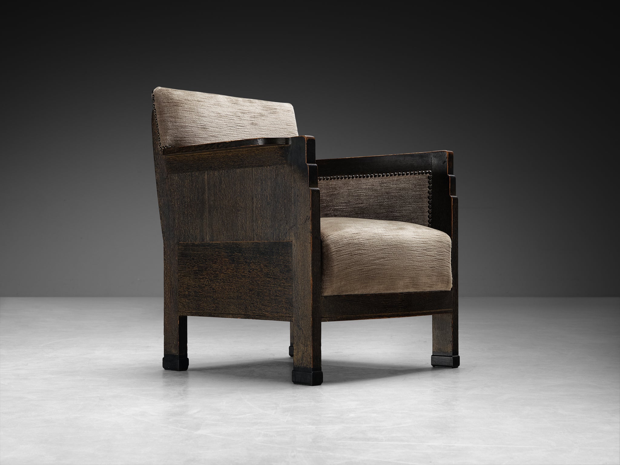 Amsterdam School Dutch Art Deco Pair of Lounge Chairs in Oak and Grey Velvet Seating Morentz