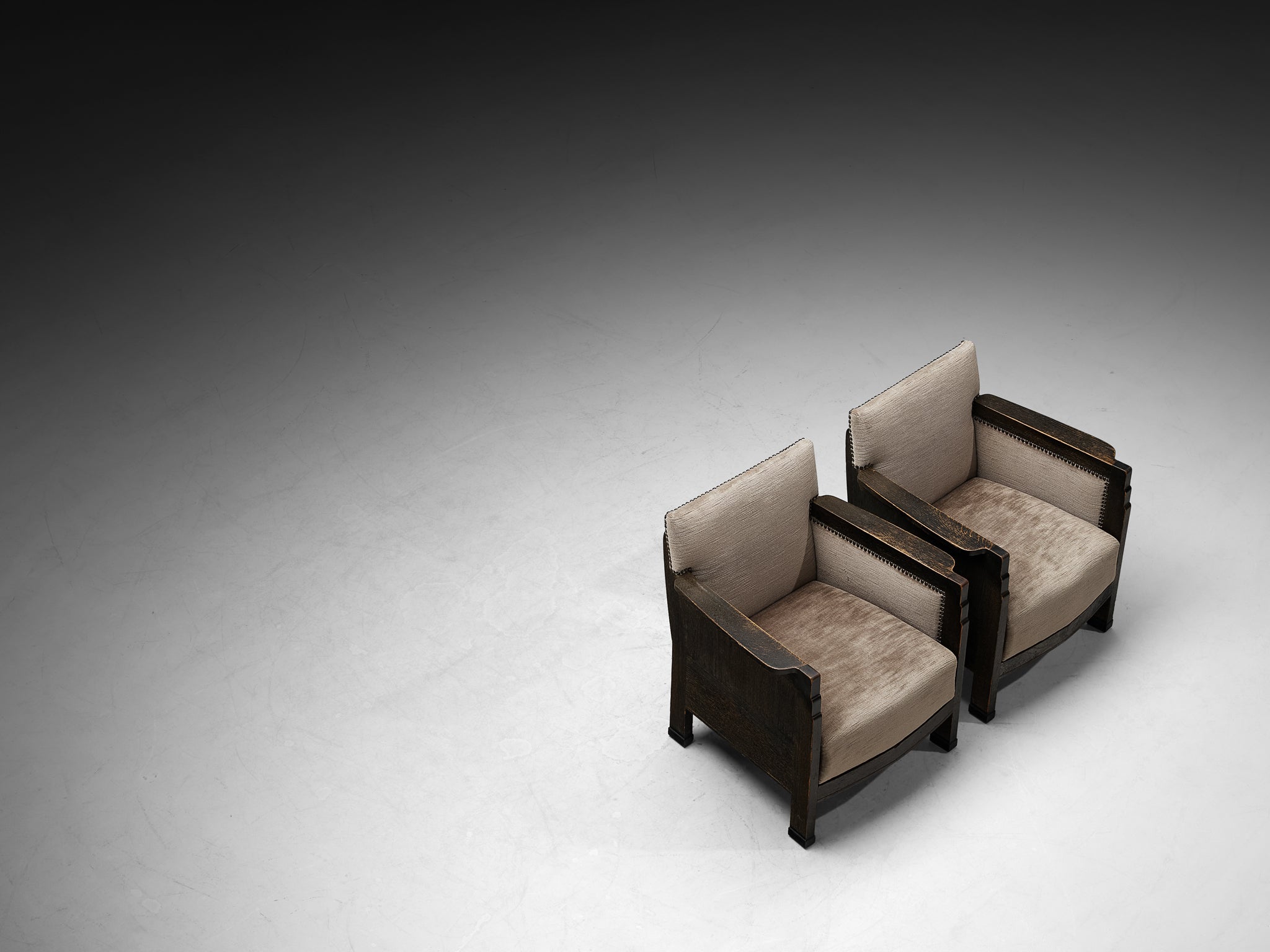 Amsterdam School Dutch Art Deco Pair of Lounge Chairs in Oak and Grey Velvet Seating Morentz