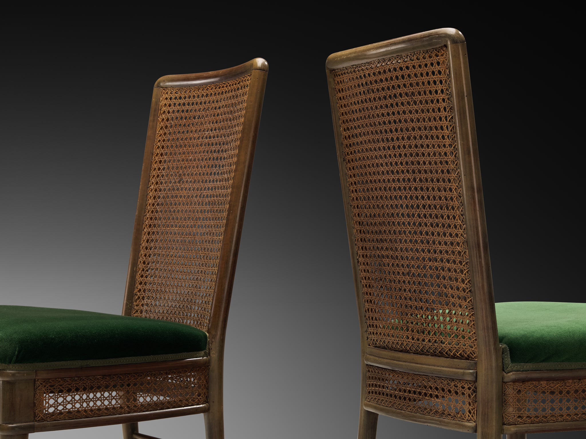 Guglielmo Ulrich for Ar.Ca Set of Eight Dining Chairs in Cane and Dark Green Velvet