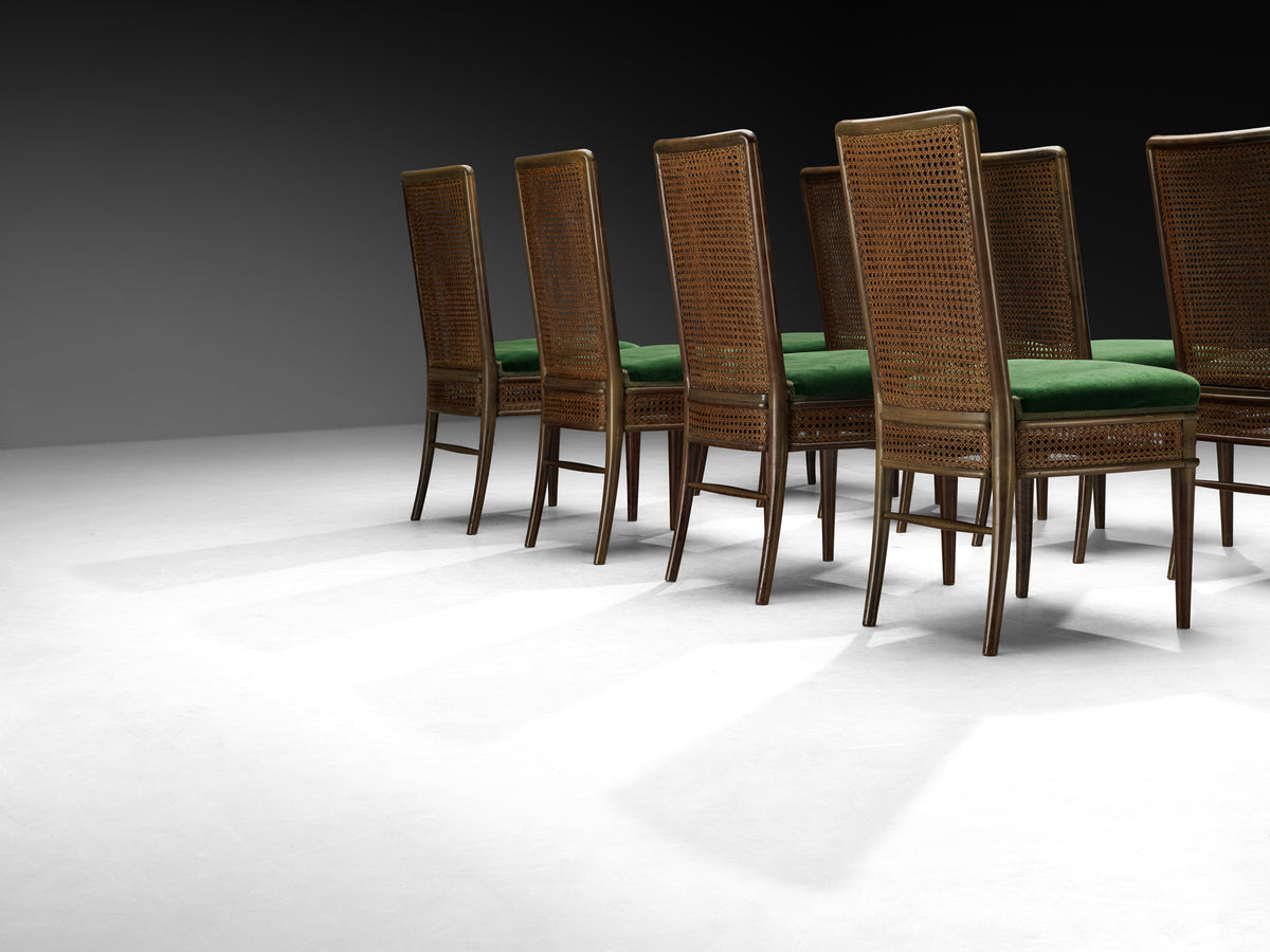 Guglielmo Ulrich for Ar.Ca Set of Eight Dining Chairs in Cane and Dark Green Velvet